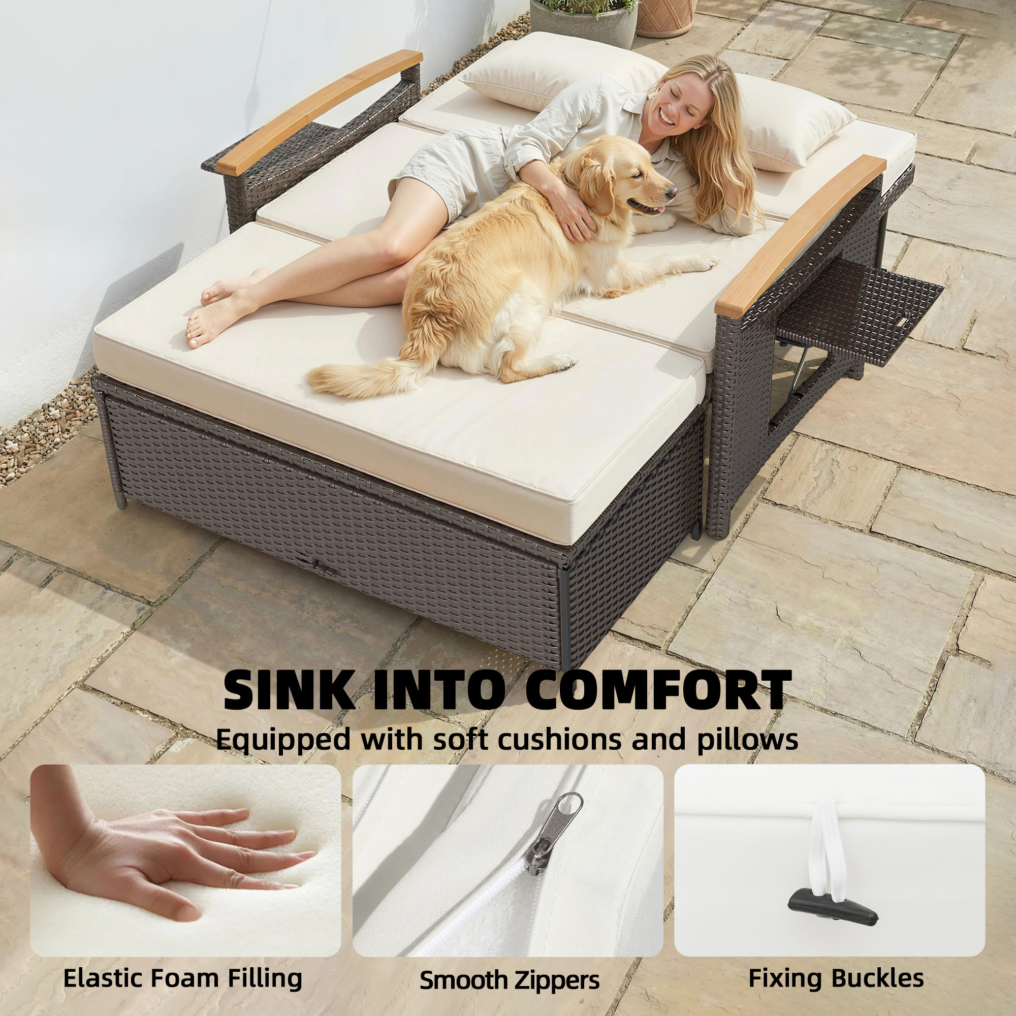  Rattan Outdoor Daybed w/4-Level Adjustable Backrest, Patio Sofa Bed w/Storage Ottoman, Acacia Wood Armrest, Beige