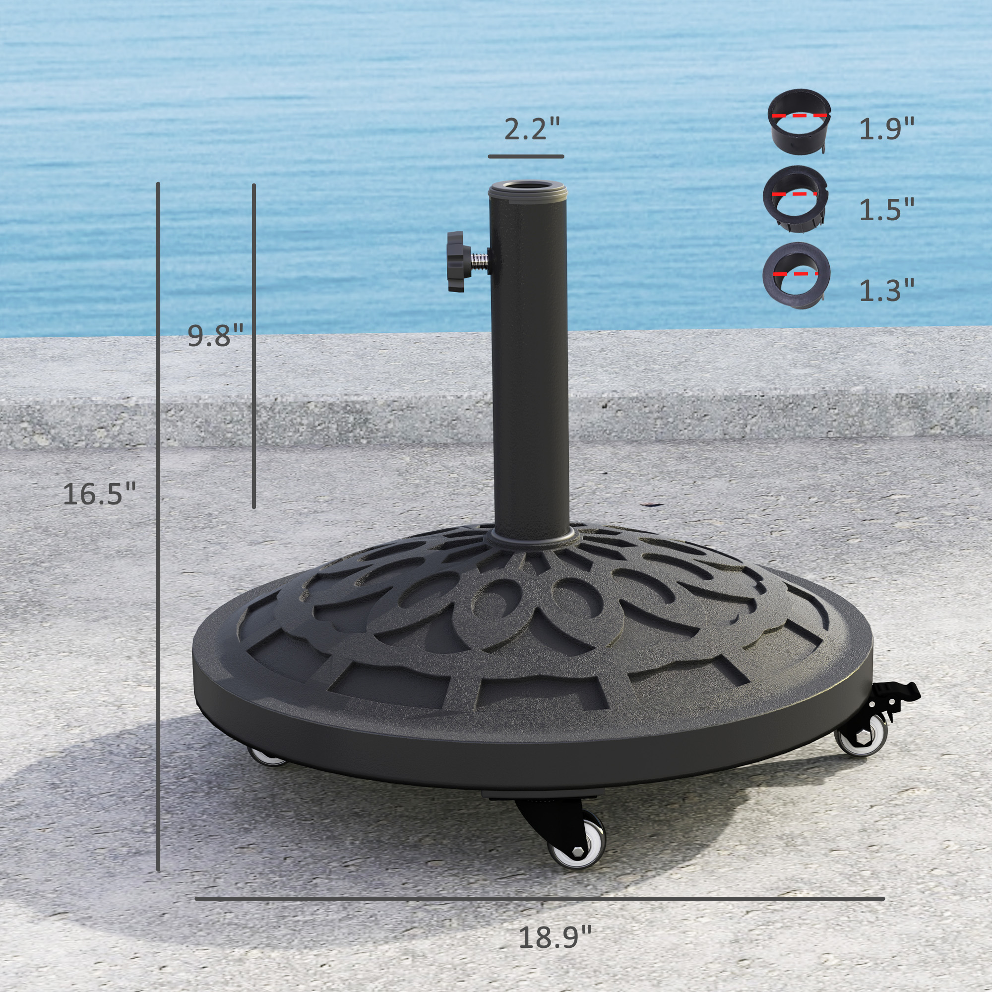  Round Patio Umbrella Base with Wheels, 46 lbs Resin Umbrella Stand Base, Heavy Duty Patio Umbrella Holder for 1.3"/1.5"/1.9" Umbrella Poles for Outdoor, Lawn, Poolside, Black