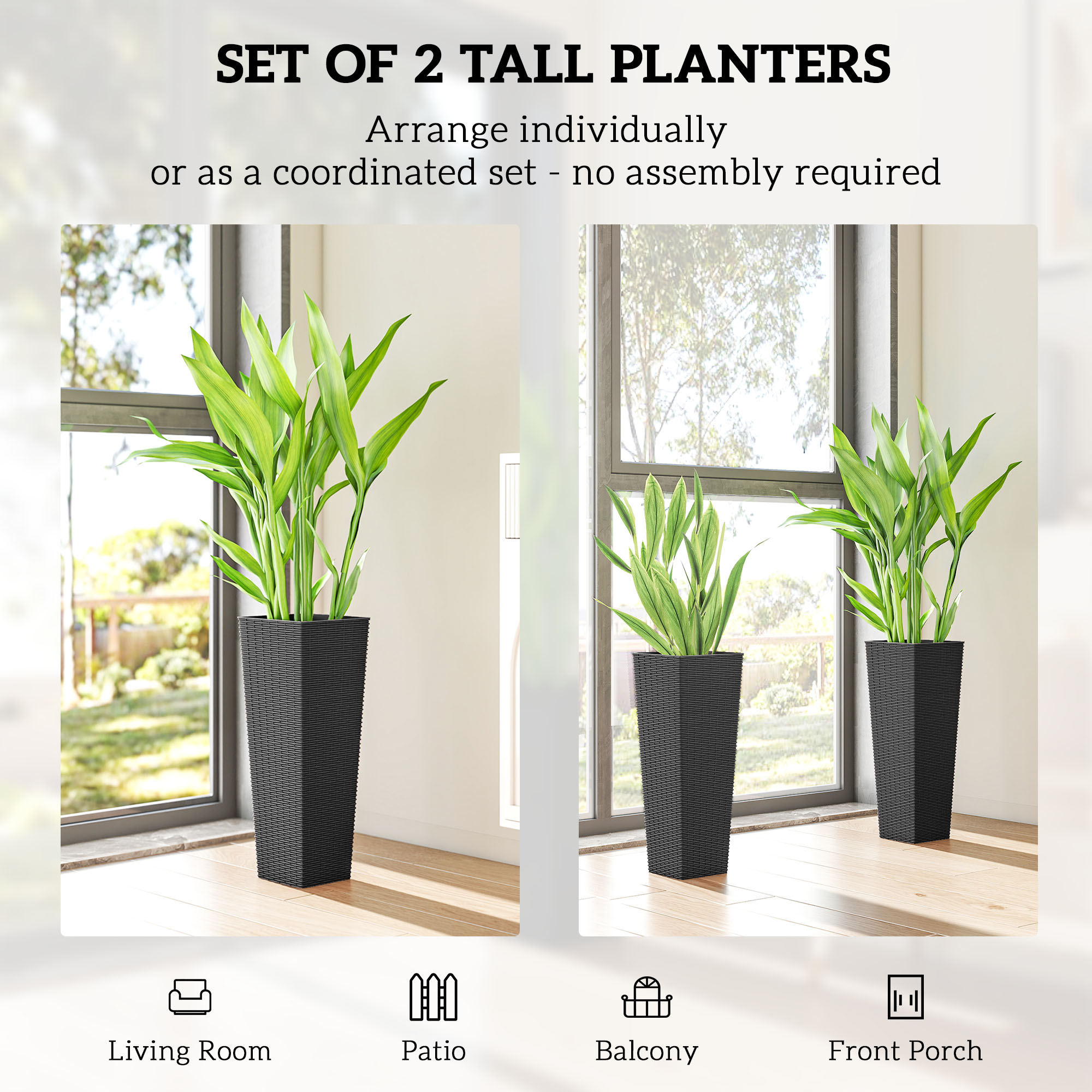  23.6 Inch Tall Planters for Outdoor Plants, Set of 2 Plastic Flower Pots with Drainage Holes, Black