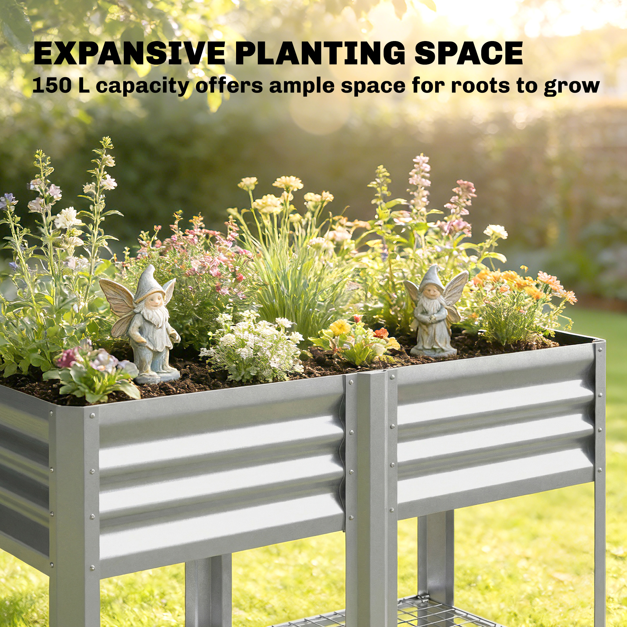  Raised Garden Bed Galvanized Steel, Elevated Planter Box with Storage Shelf, Bed Liner, 31.5" High, Silver