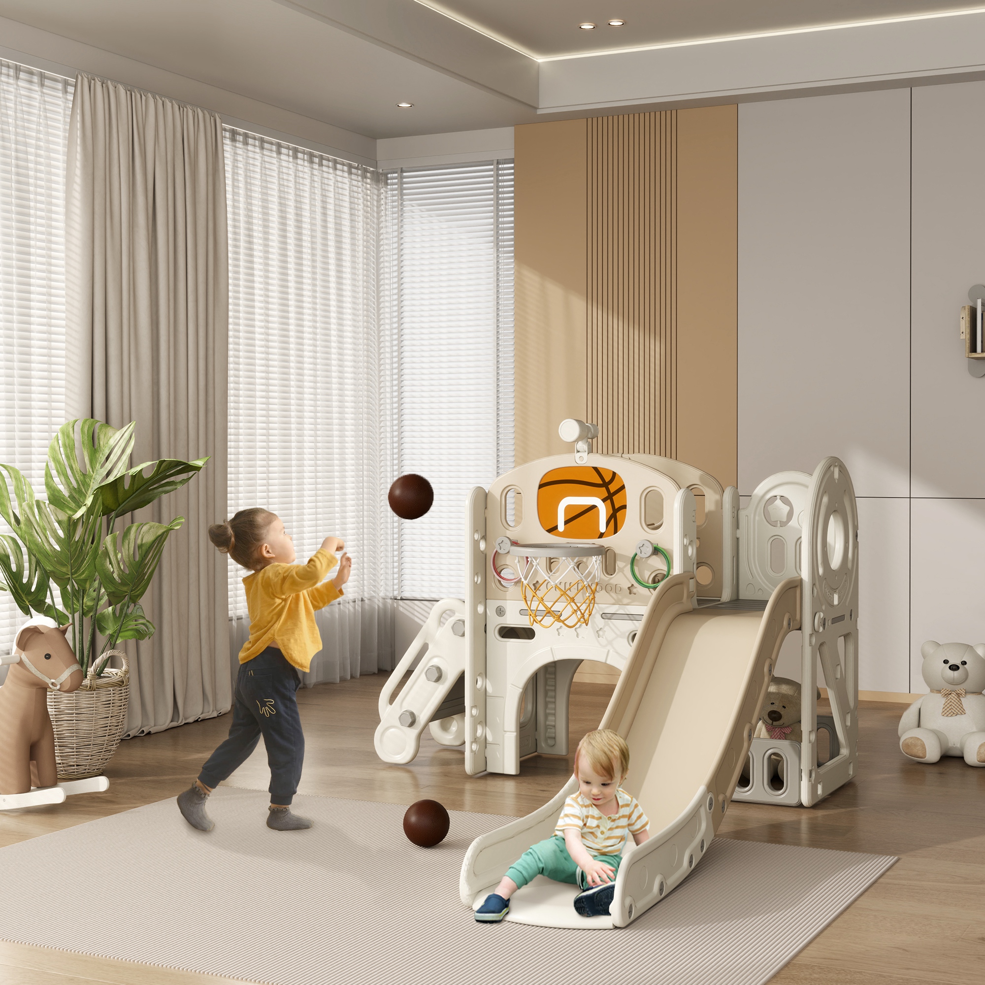 7-in-1 Toddler Slide, Kids Slide for Ages 1-6 Years w/ Ring Toss, Basketball Hoop, Telescope Climber, Storage Space - Image 1