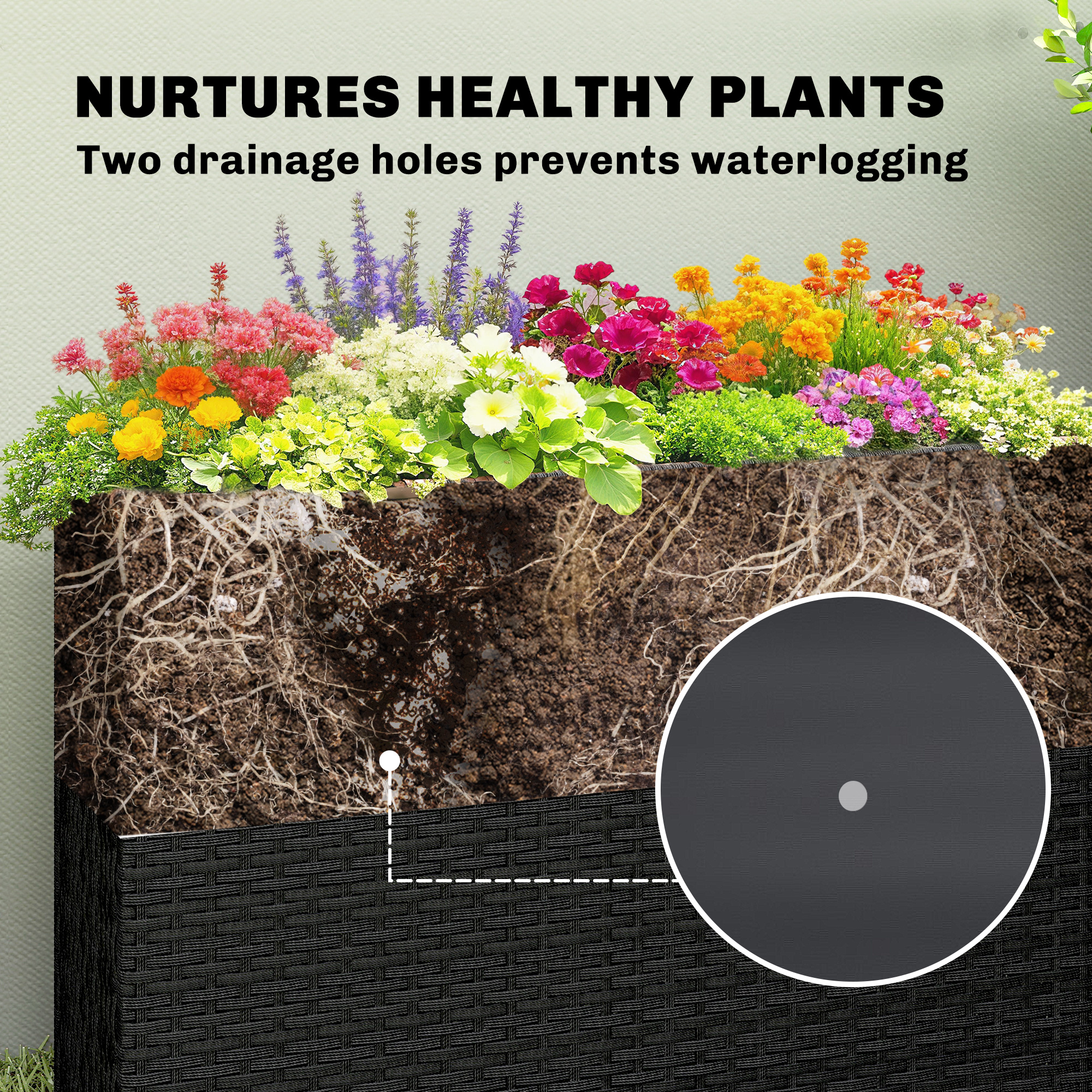  Tall Rectangular Planter with Removable Liner, Holes, PE Wicker Large Planter Box for Indoor Outdoor Plants, Black