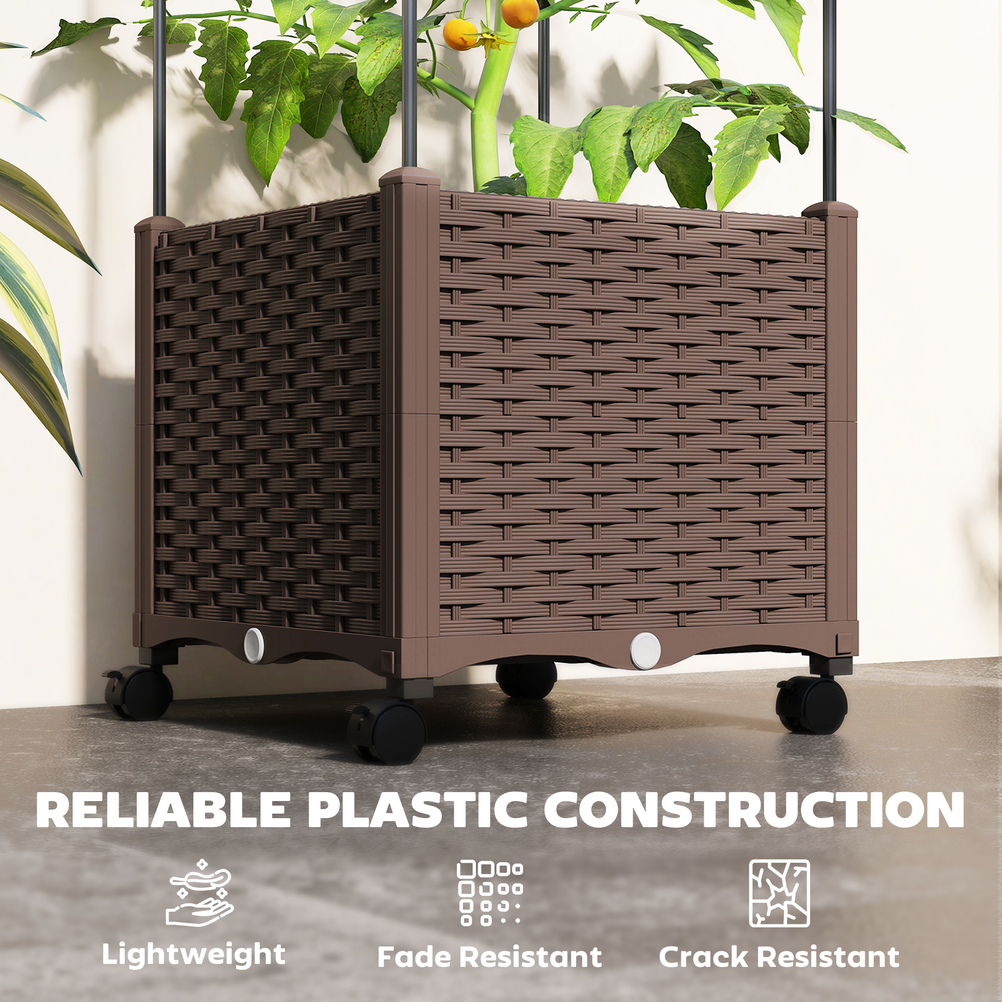  Raised Garden Bed with Trellis, Tomato Cage with Lockable Wheels, Self Watering Planter Box with Drainage Holes, Brown