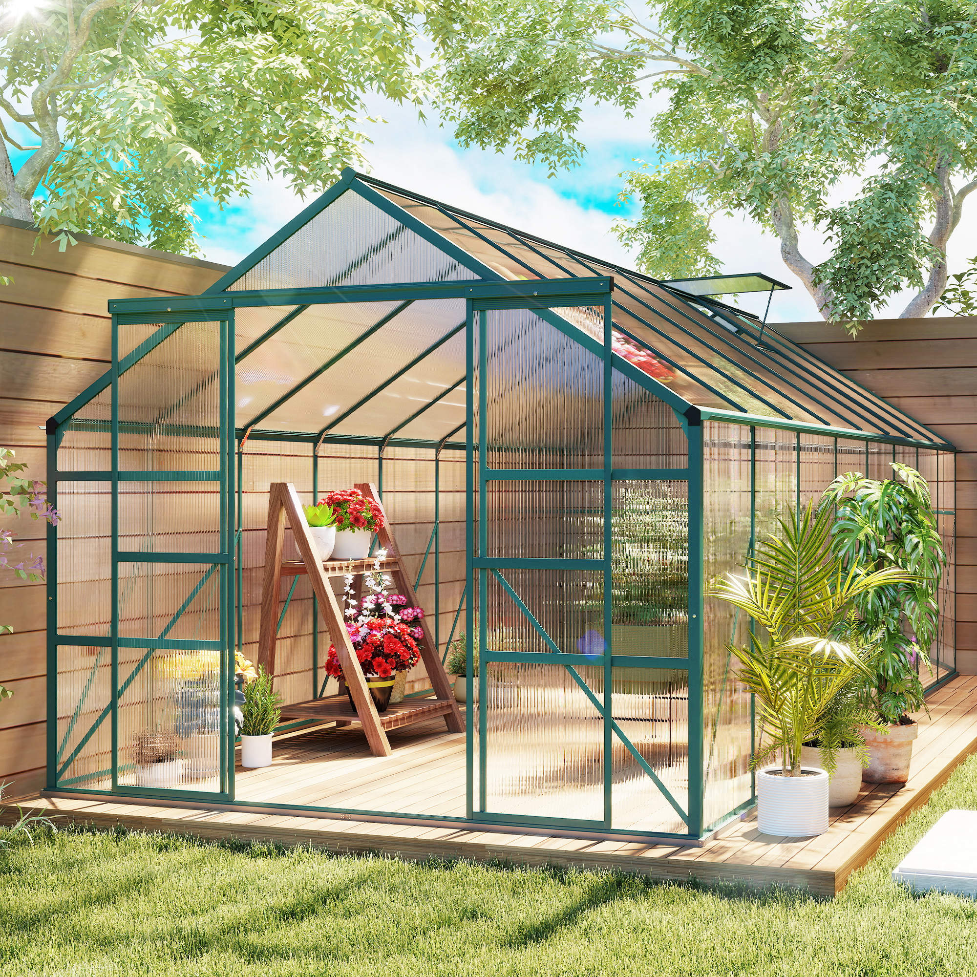 16 x 8 Aluminum Greenhouse Polycarbonate Walk-in Garden Greenhouse Kit with Adjustable Roof Vent, Rain Gutter and Sliding Door for Winter, Clear