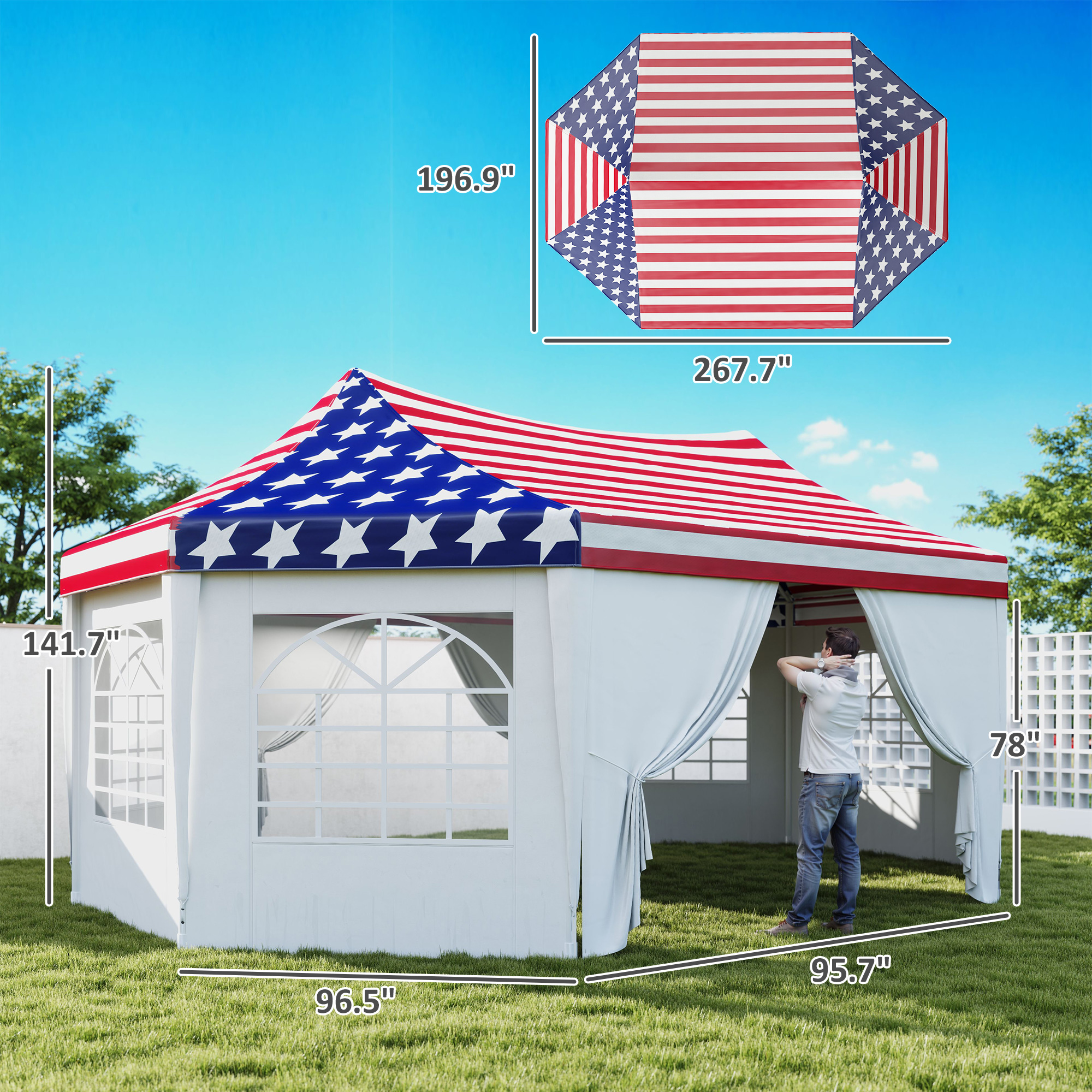  22.3 x 16.4 ft Heavy Duty Party Tent, Outdoot Canopy Tent with 2 Doors and 6 Windows, American Flag