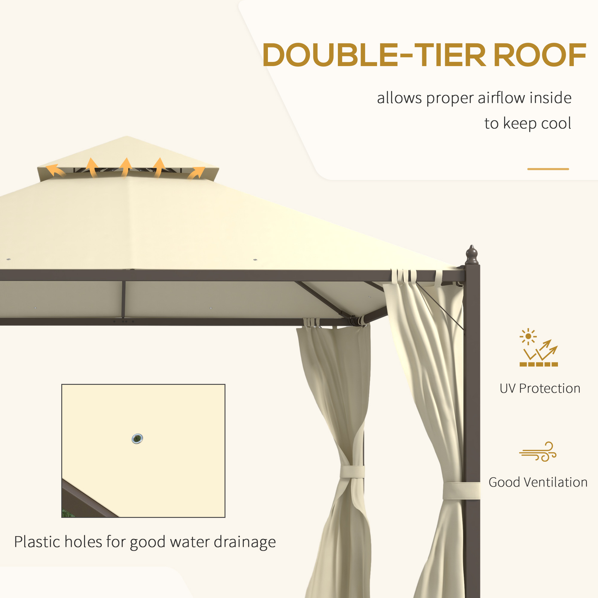  10' x 12' Outdoor Patio Gazebo with Curtains, Two-Tier Roof, Beige