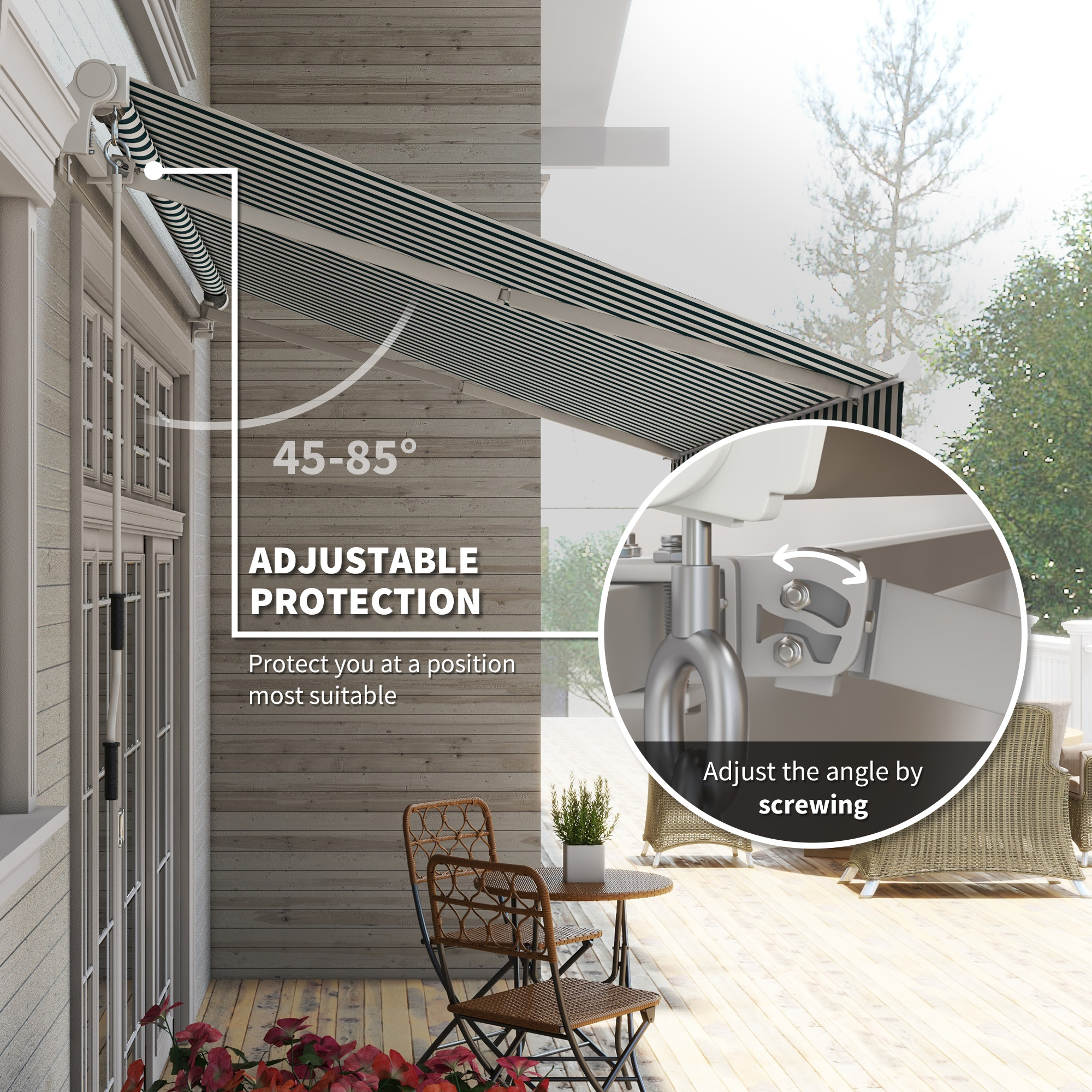  12' x 10' Retractable Awning Patio Awnings Sun Shade Shelter with Manual Crank Handle, 280g/m² UV & Water-Resistant Fabric and Aluminum Frame for Deck, Balcony, Yard, Green and White