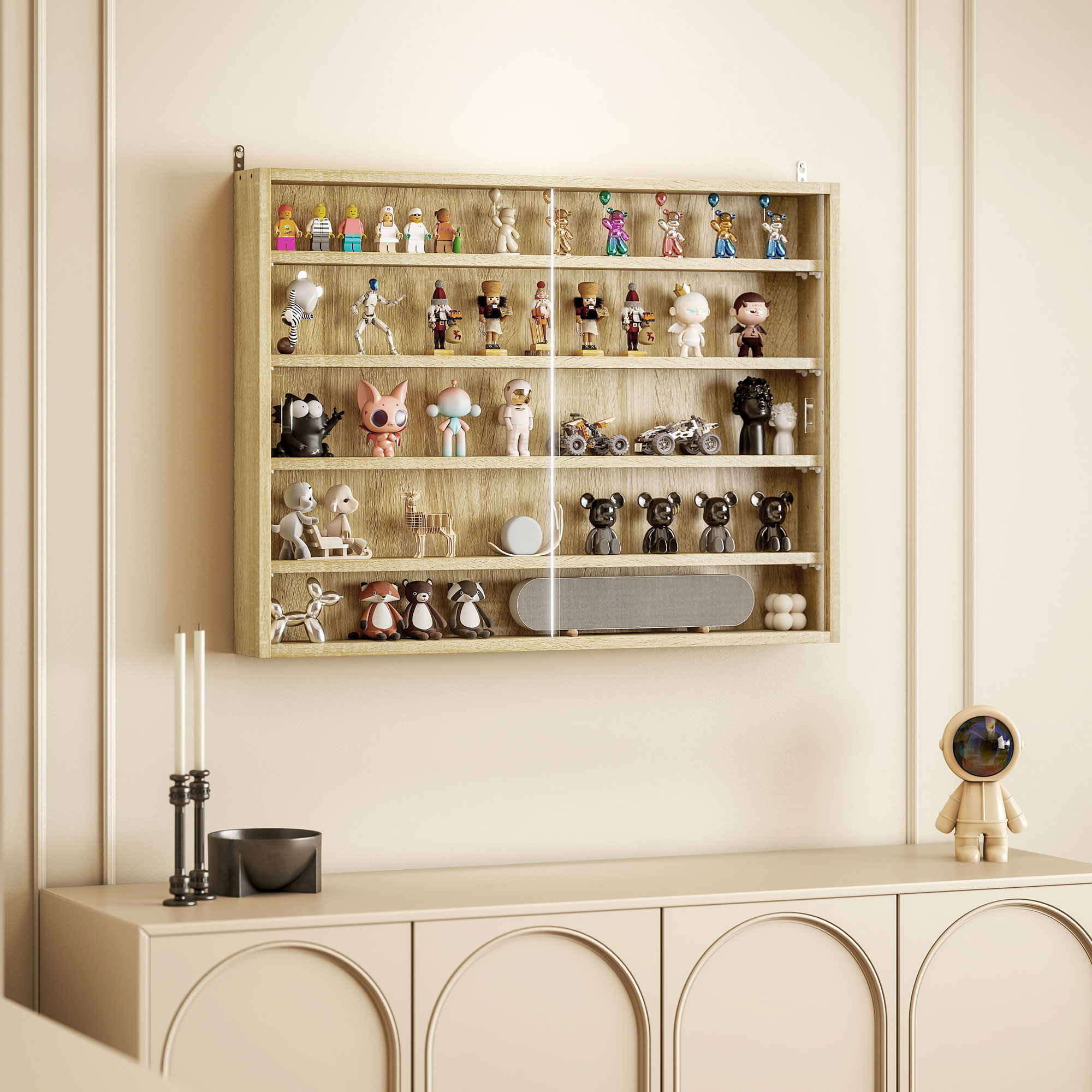 5-Tier Display Cabinet, Wall-Mounted Display Case with 2 Glass Doors and Adjustable Shelves, Oak image 7