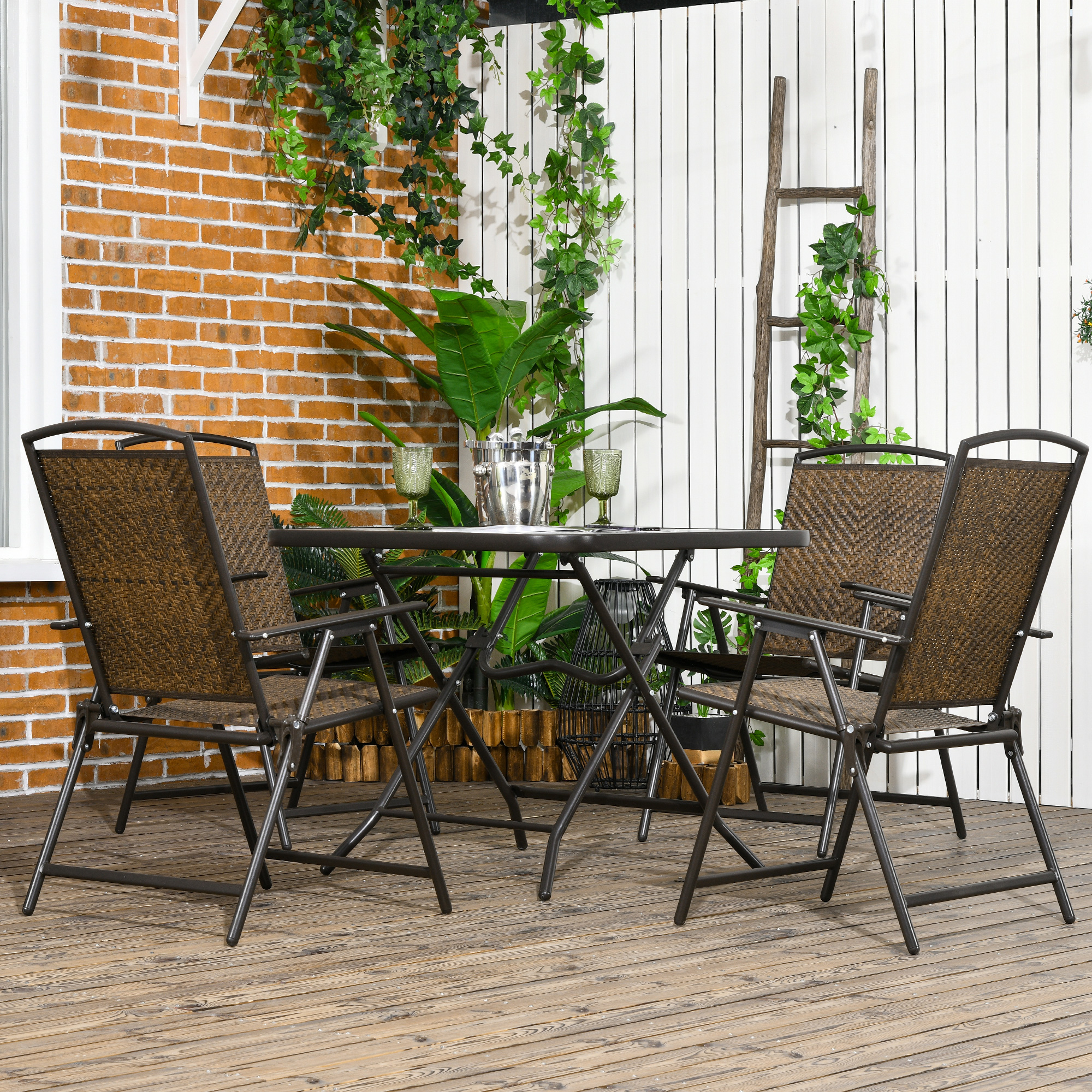  5 Pieces Patio Table and Chairs, Foldable Wicker Outdoor Dining Table Set with Umbrella Hole, Dark Brown