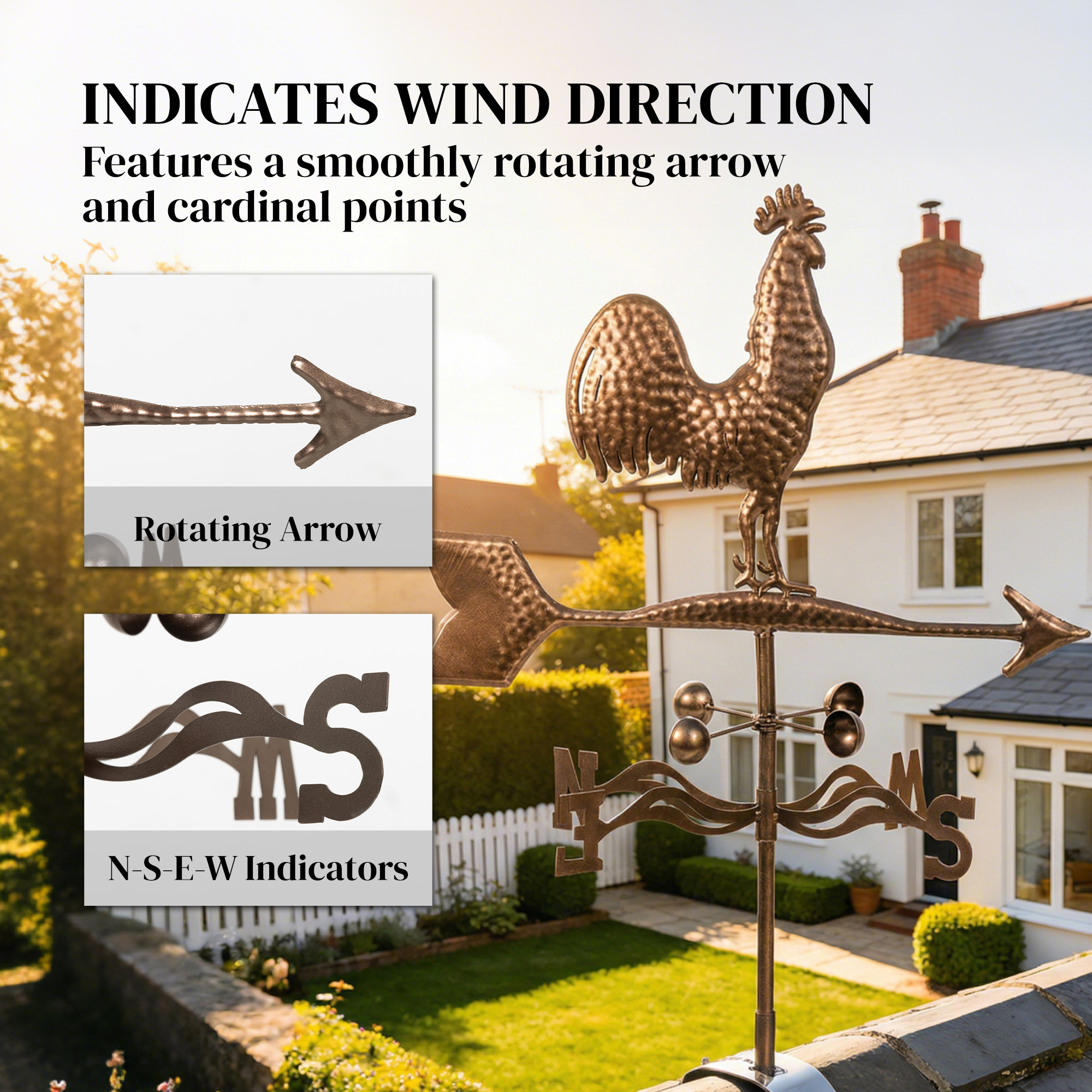  Metal Rooster Weathervane, Roof Mount Wind Direction Indicator, Outdoor Weather Vanes