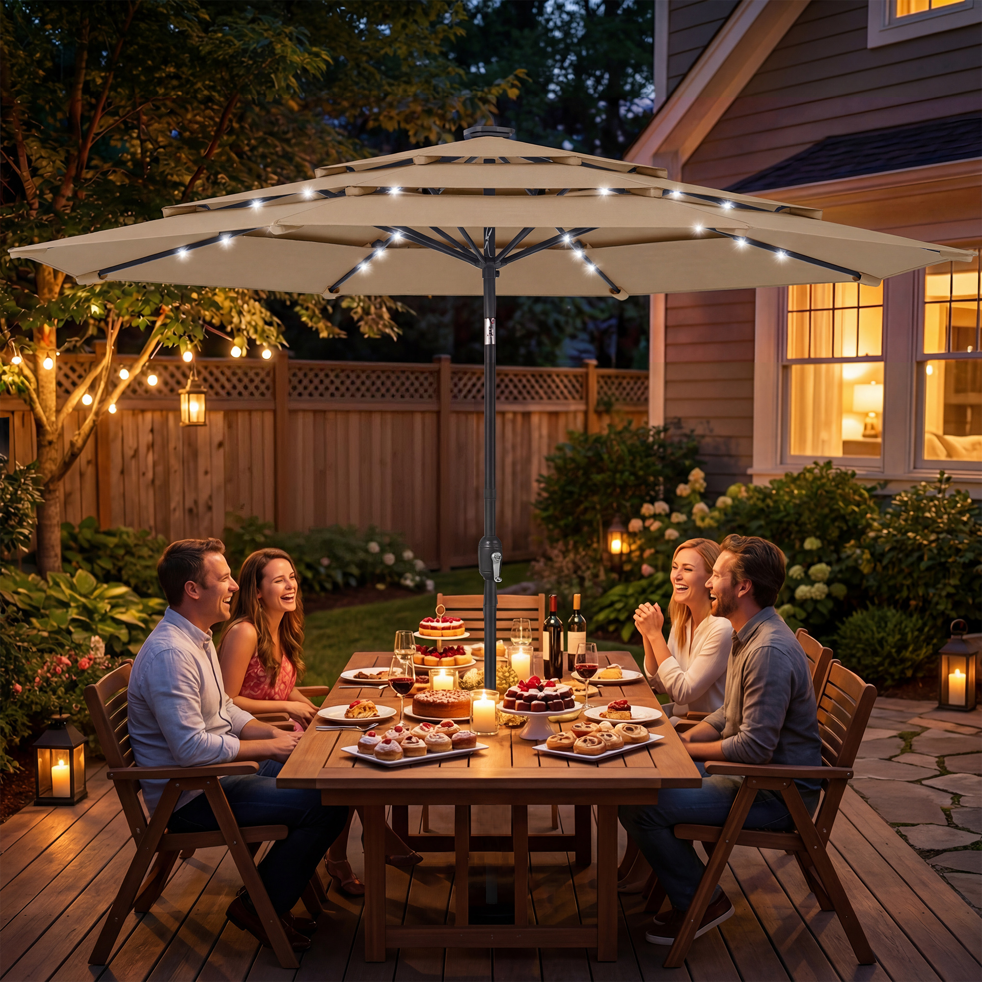 9.7 ft Outdoor Patio Umbrella with Solar LED Lights, 3 Tier Outdoor Table Umbrella with Tilt, Crank, Khaki