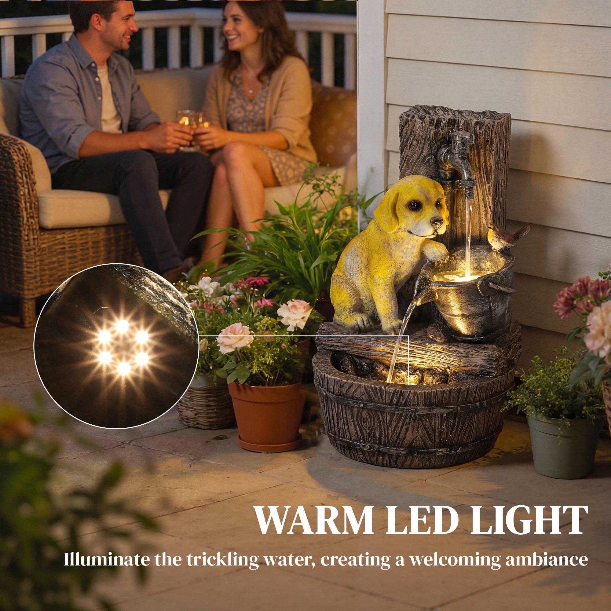  22" Outdoor Fountain with 3-Tier Puppy Theme, Resin Garden Fountain with LED Lights, Adjustable Flow, Rustic Brown