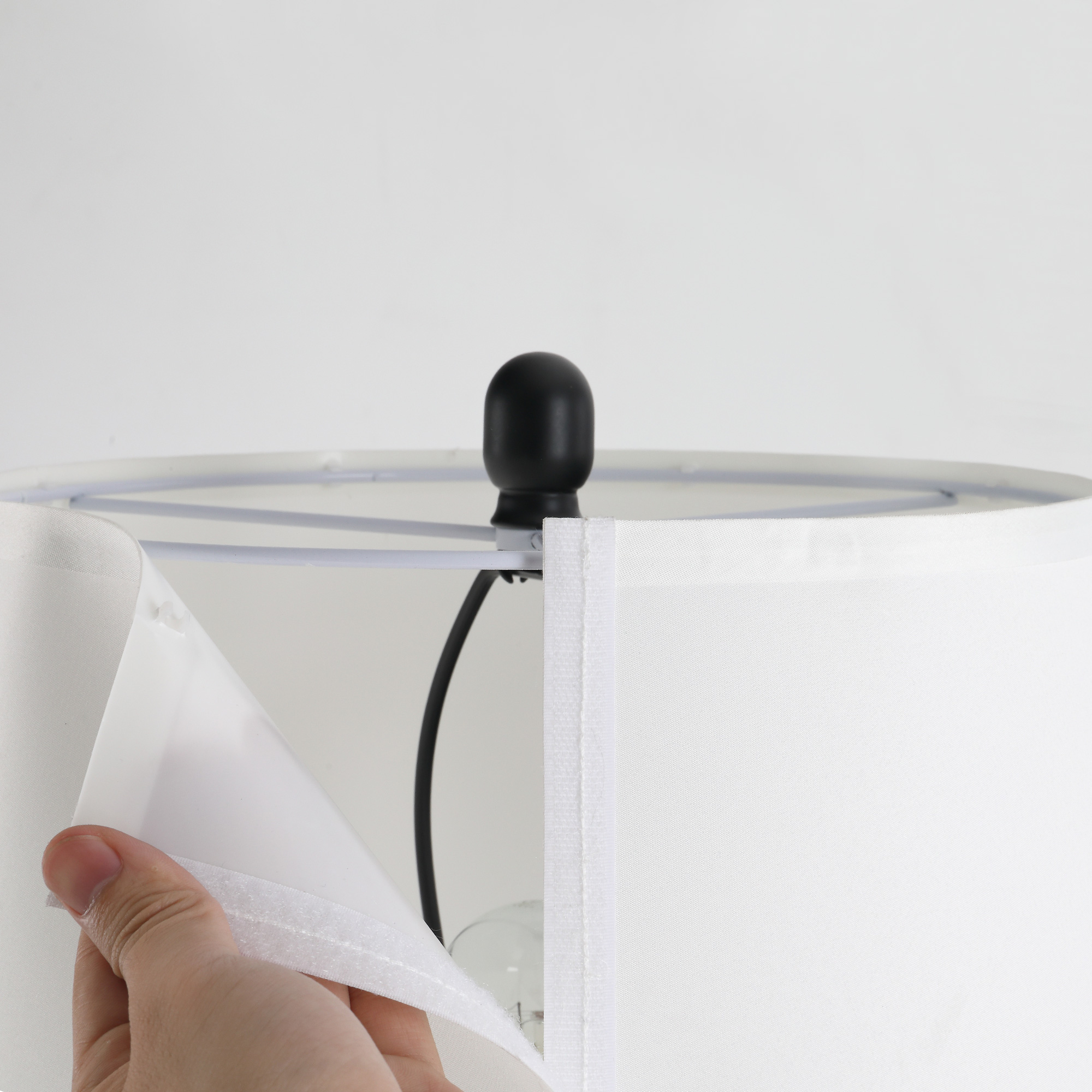  3 Piece Table Floor Lamp Set with Metal Pole, Round Base, and Fabric Lampshade, for Living Room, Black/White