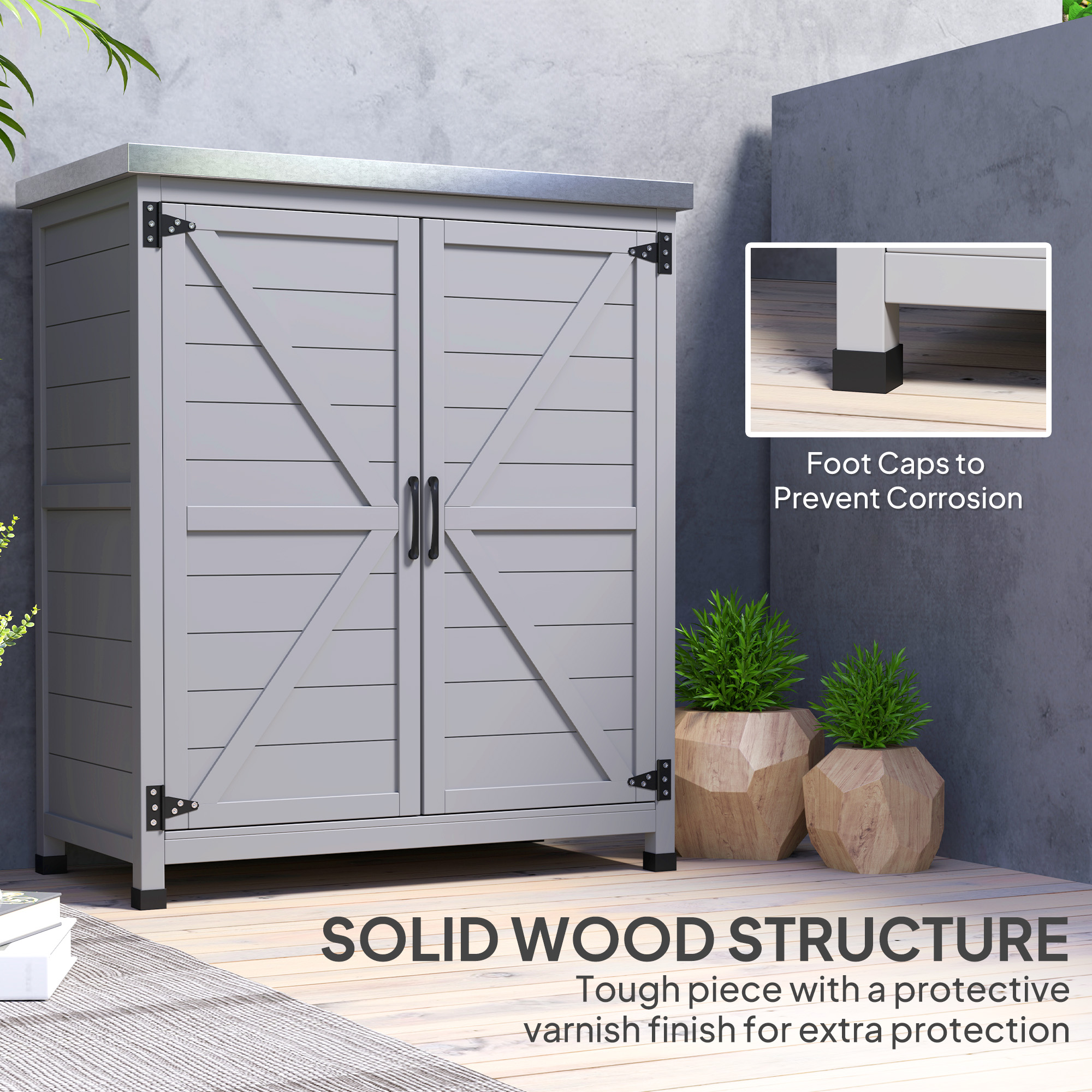  Wooden Storage Cabinet, Outdoor Prep Table with Metal Tabletop, Shelves and Double Doors for Patio, Garden, Gray