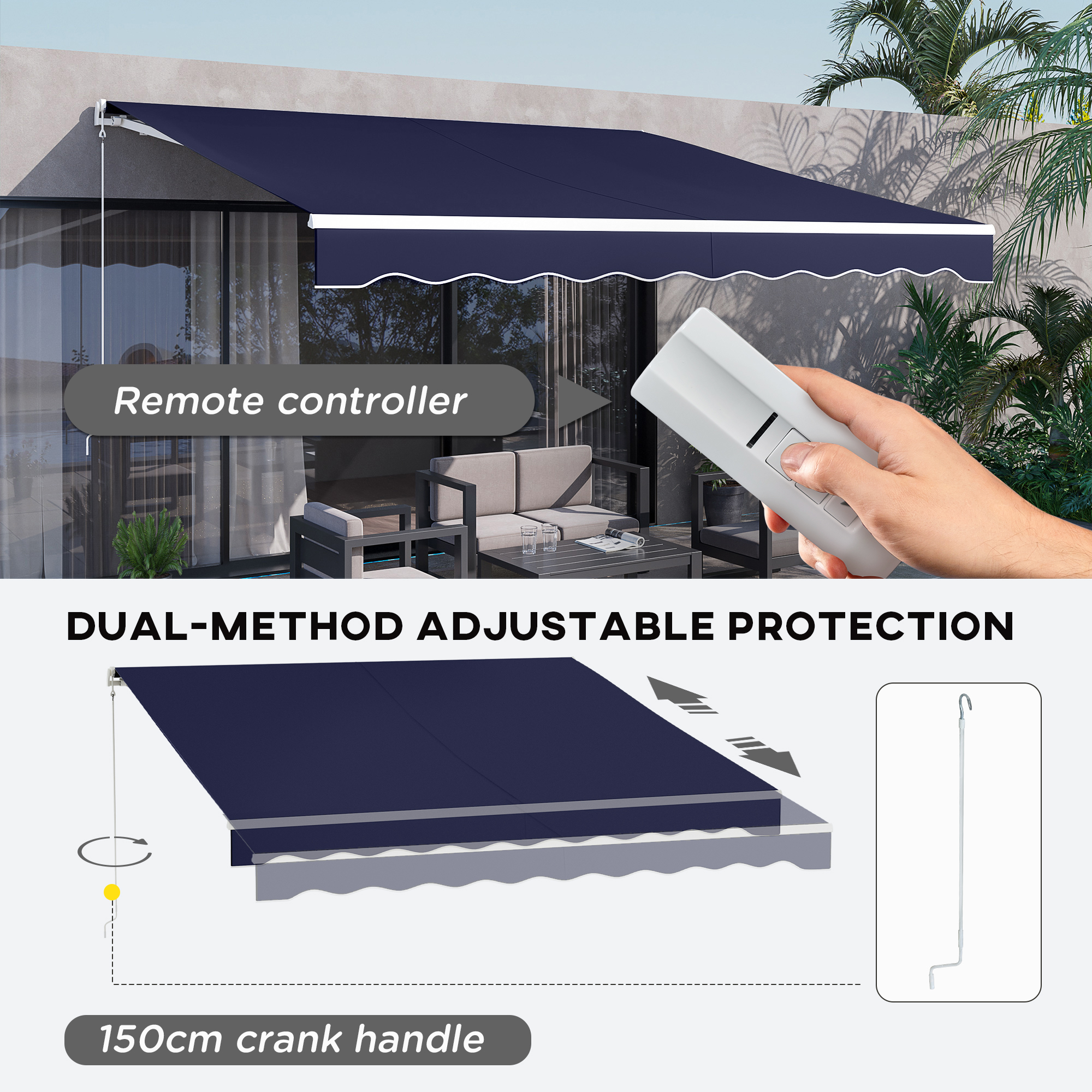  12' x 10' Electric Retractable Awning Sunshade Shelter with Remote Controller, Crank Handle for Deck Balcony Yard, Blue