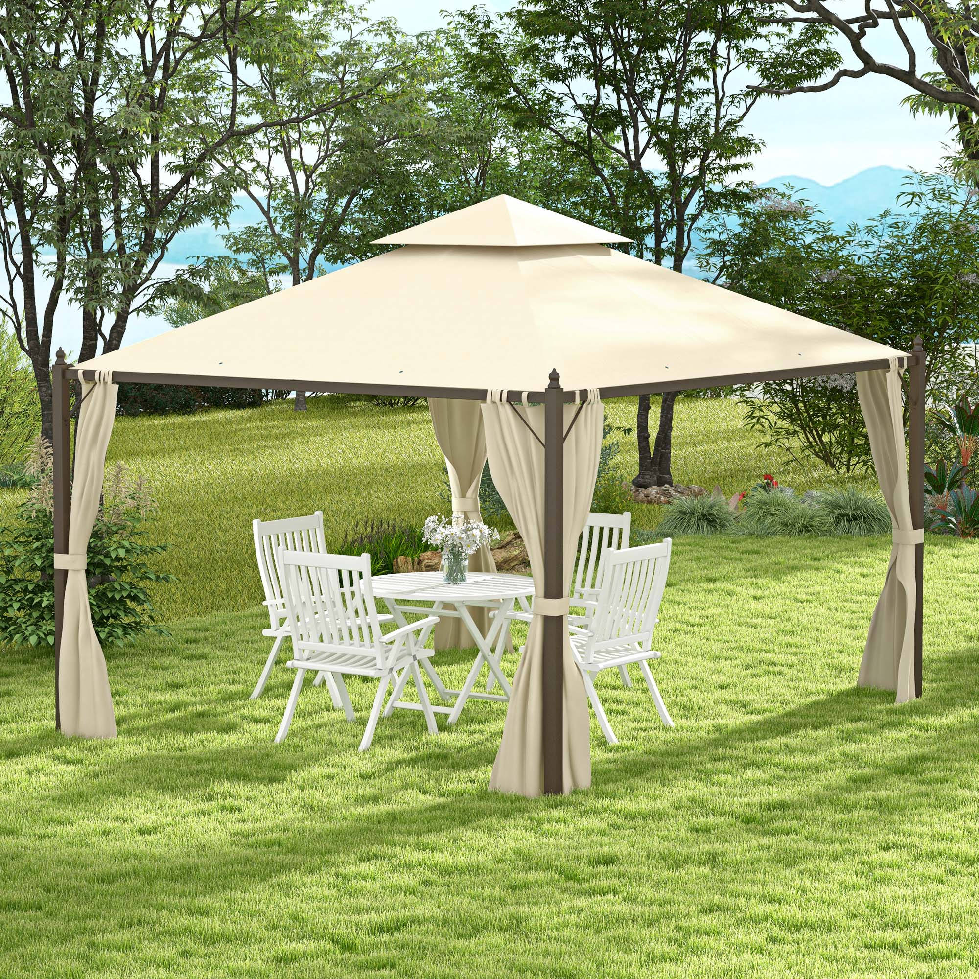  10' x 12' Outdoor Patio Gazebo with Curtains, Two-Tier Roof, Beige