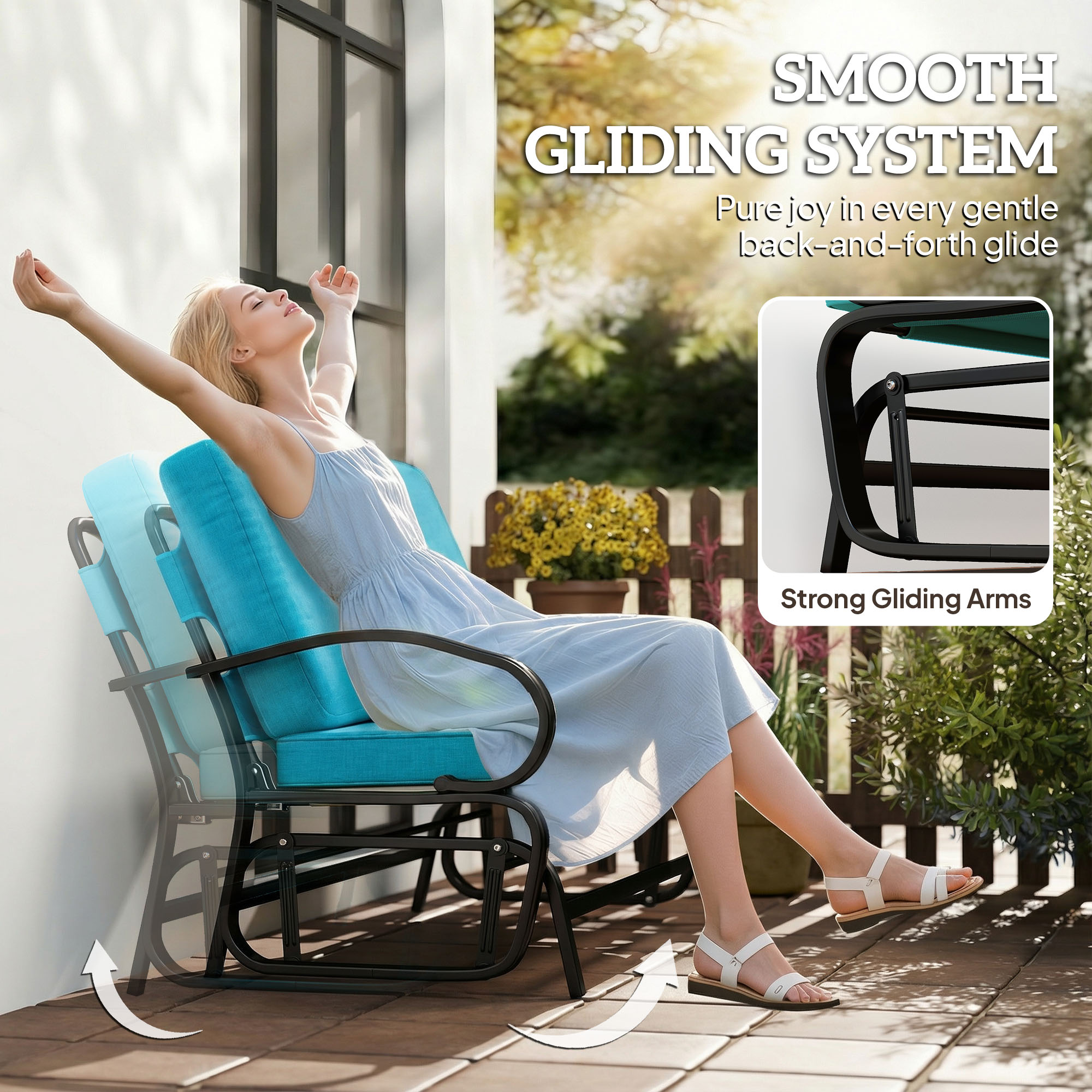  Outdoor Glider Bench, 2-Person Patio Rocker Loveseat with Tufted Cushions, Steel Frame for Porch, Garden Backyard, Blue