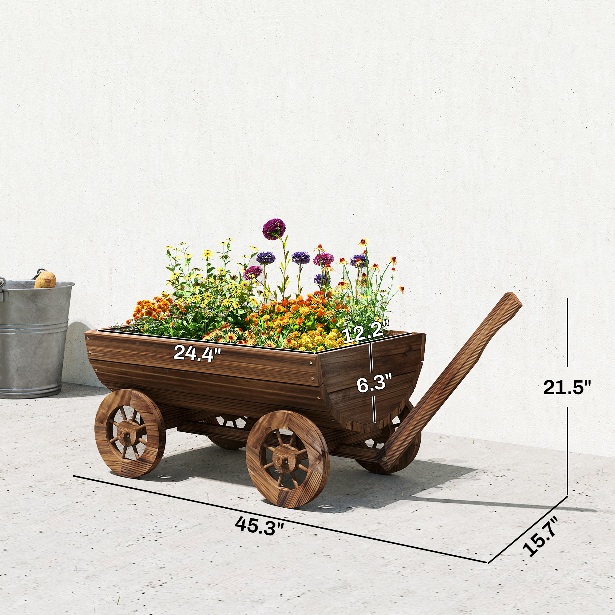  Wooden Wagon Planter Box, Mobile Garden Planter with 4 Wheels, Small Wheelbarrow Wagon Flower Cart with Drainage Hole