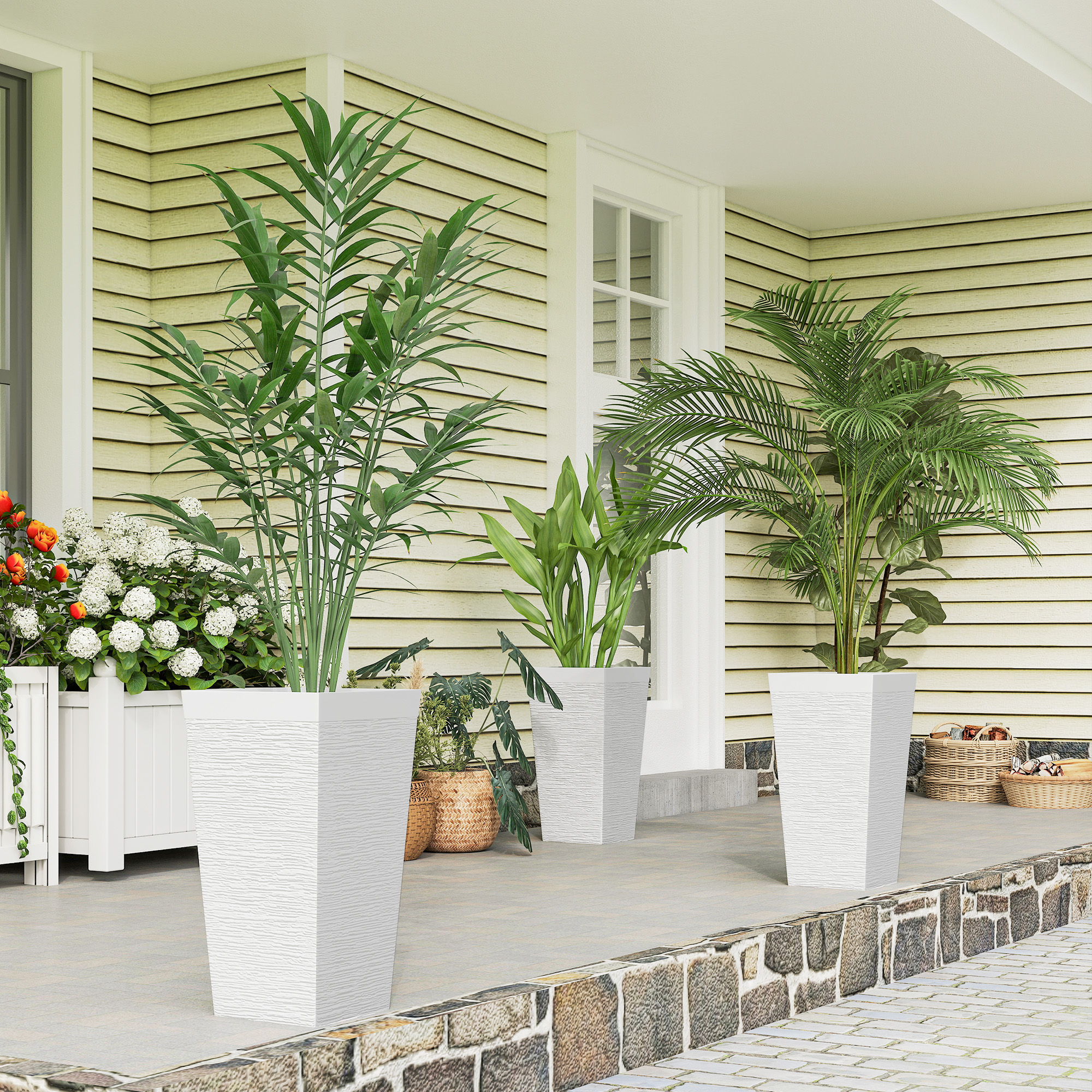  22.8 Inch Set of 3 Outdoor Planters with Stone Finish and Wheels, Stackable Tapered Planters with Drainage Hole, White