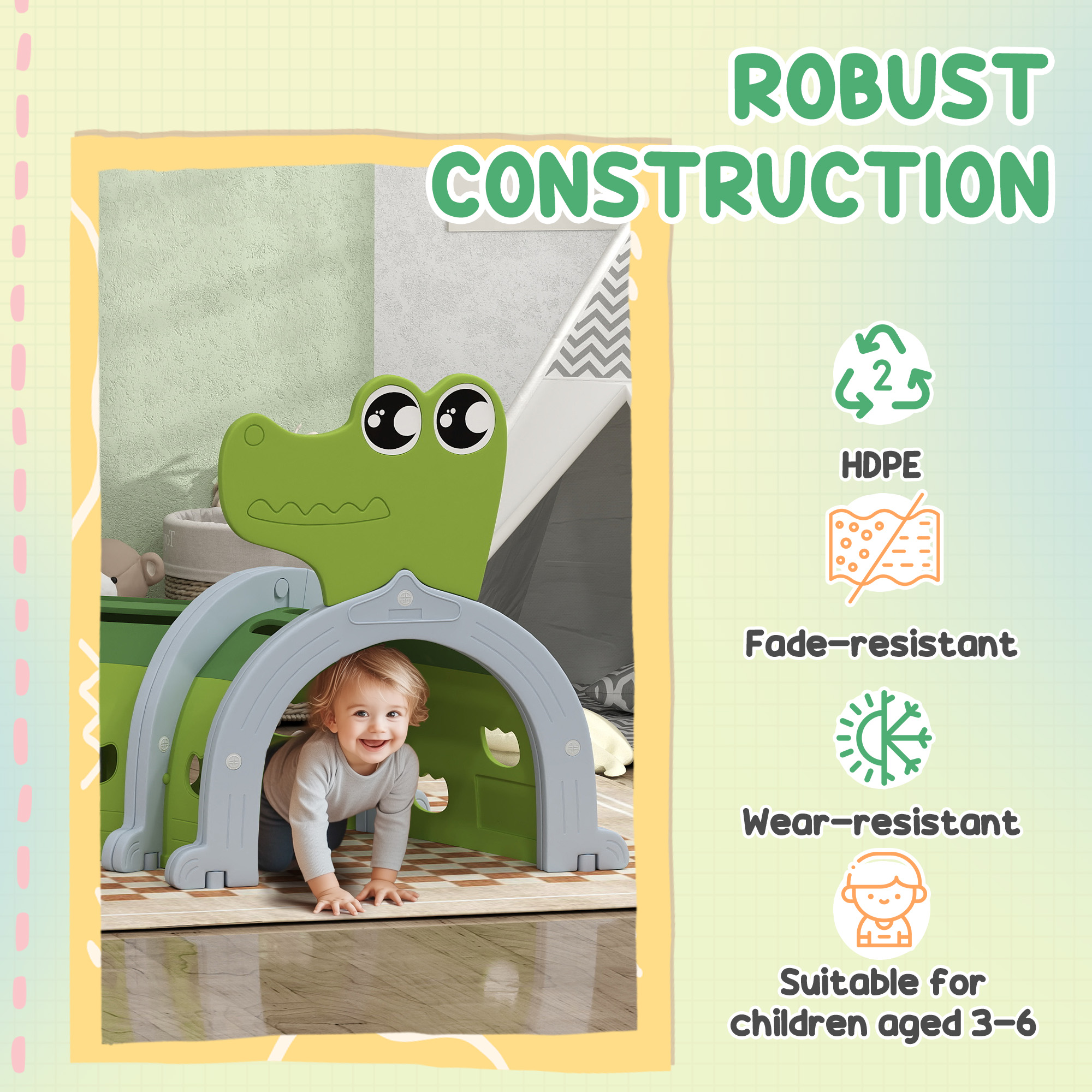 Crocodile Design Kids Play Tunnel for Kids to Crawl Through, 76" Long