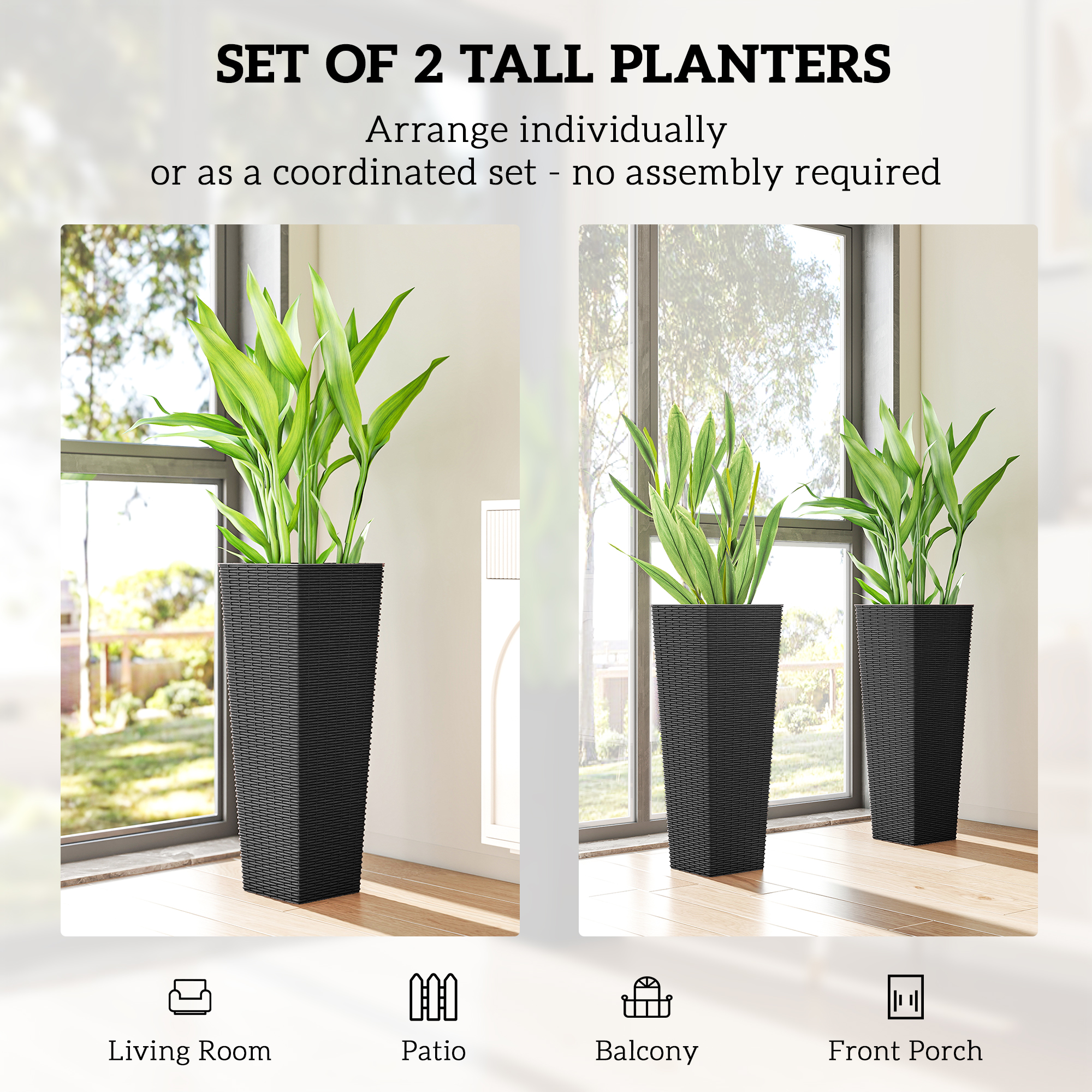  32 Inch Tall Planters for Outdoor Plants, Set of 2 Plastic Flower Pots with Drainage Holes, Black