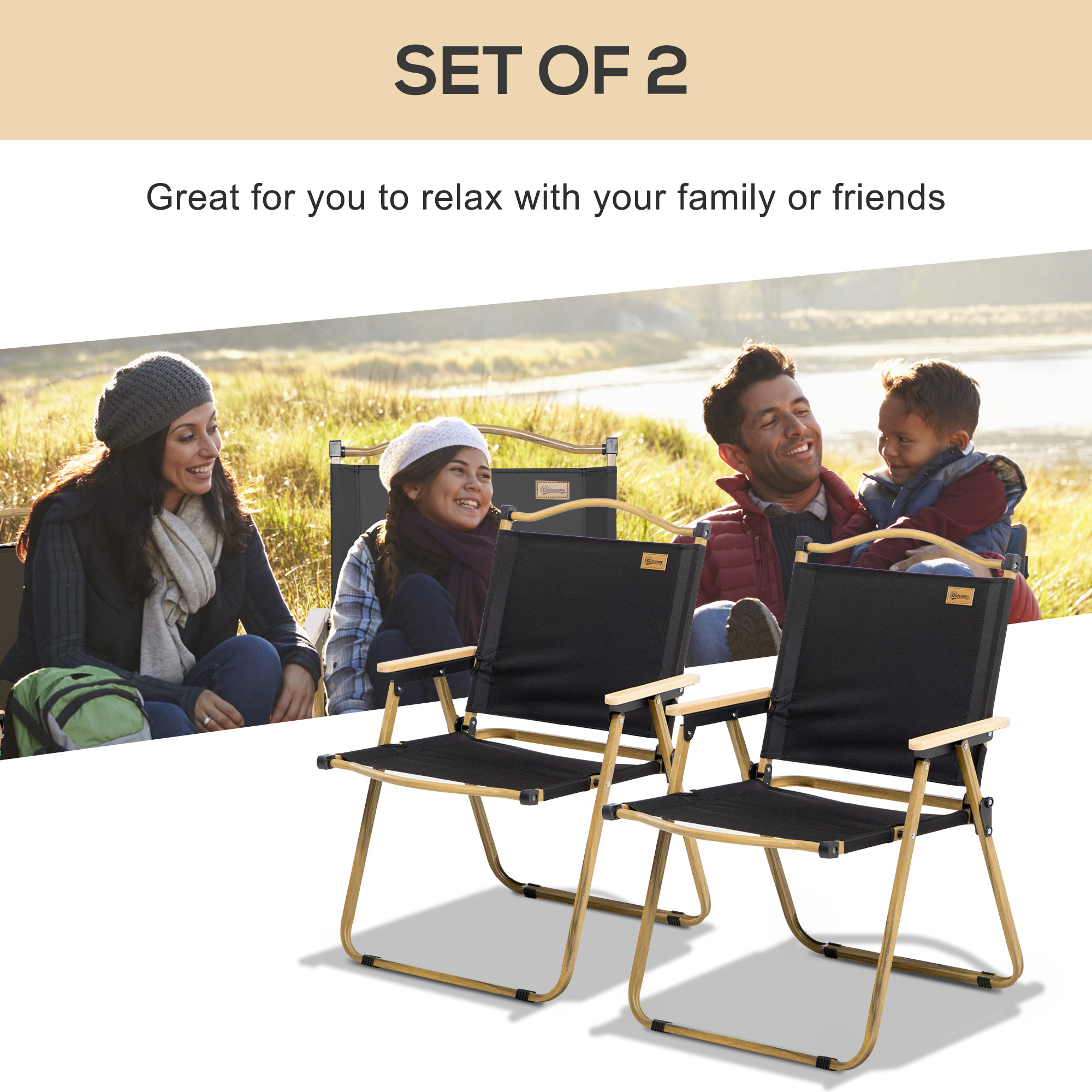  2 Pack Folding Camping Chair, Lightweight & Portable Beach Chairs Armchairs, Perfect for Festivals, Fishing, Picnic and Hiking, Black