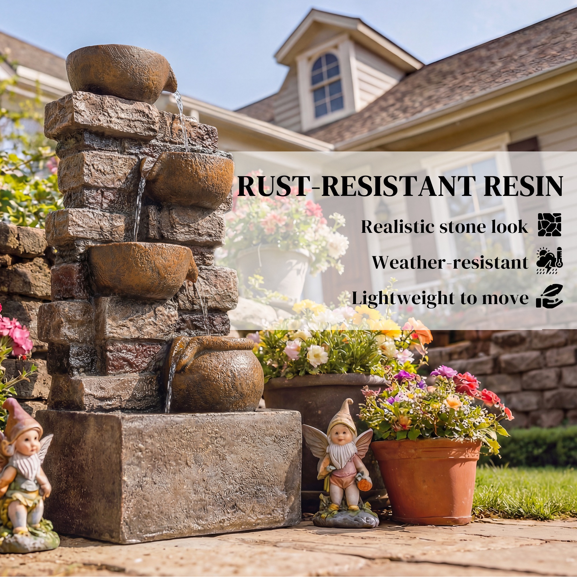  28" Outdoor Fountain with 5-Tier Rustic Jugs, Cascading Waterfall with LED Lights, Adjustable Flow, Rustic Brown