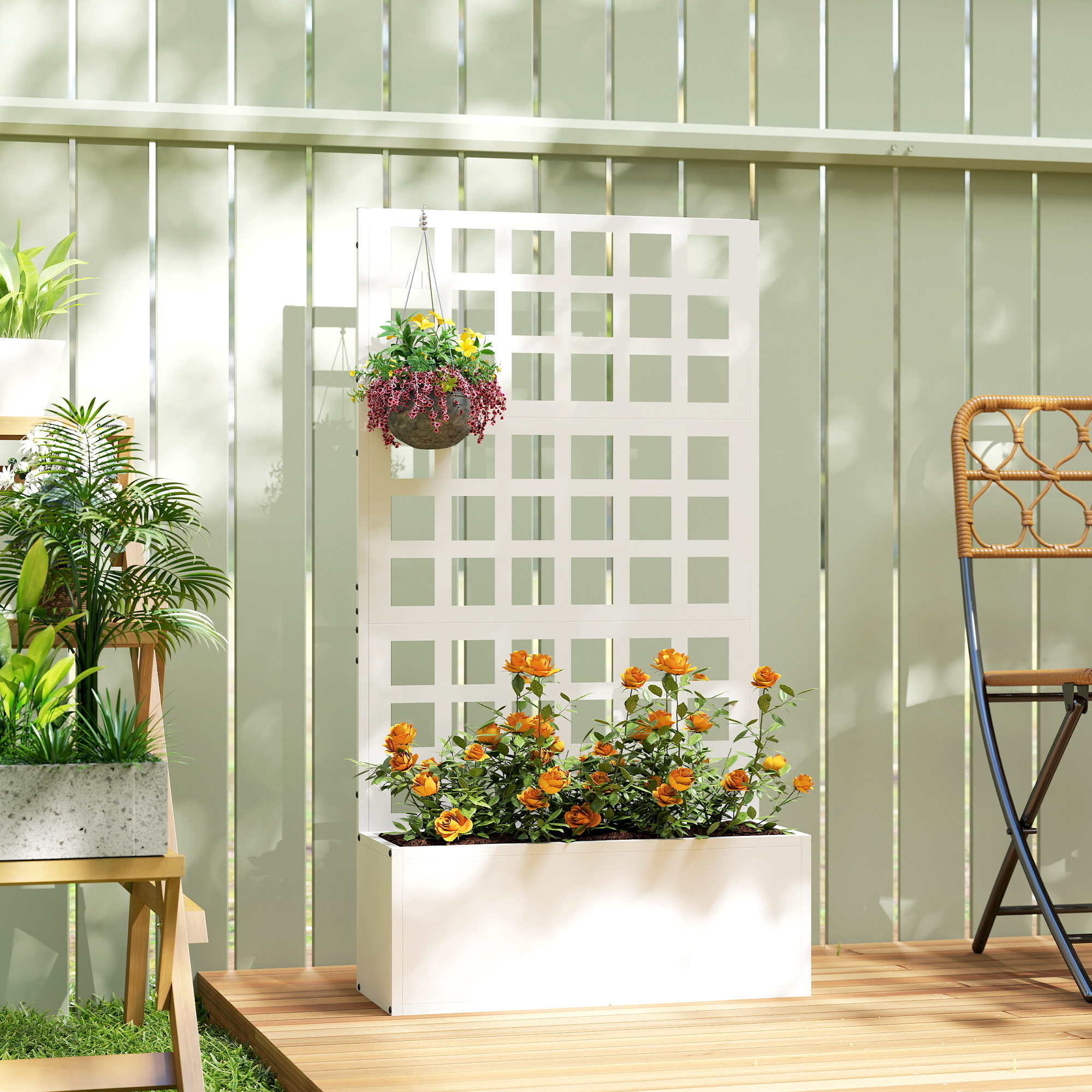  Galvanized Raised Garden Bed Planter Box with Trellis for Climbing Plants, Vegetable, Vines, 24" x 9" x 44.5", White