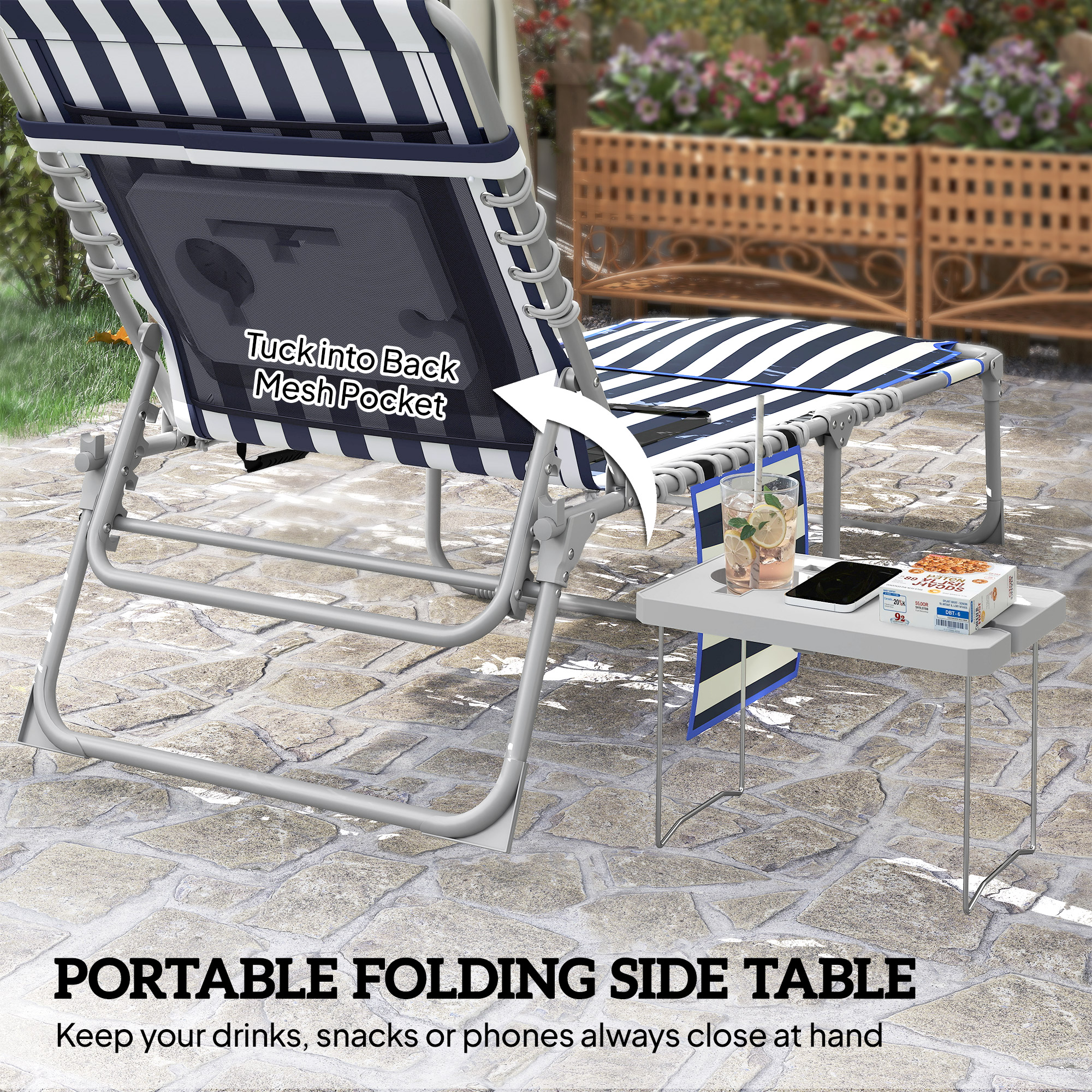  Tanning Chair with Face Hole and Side Table, 5-Position Folding Outdoor Chaise Lounge Chair, Blue and White
