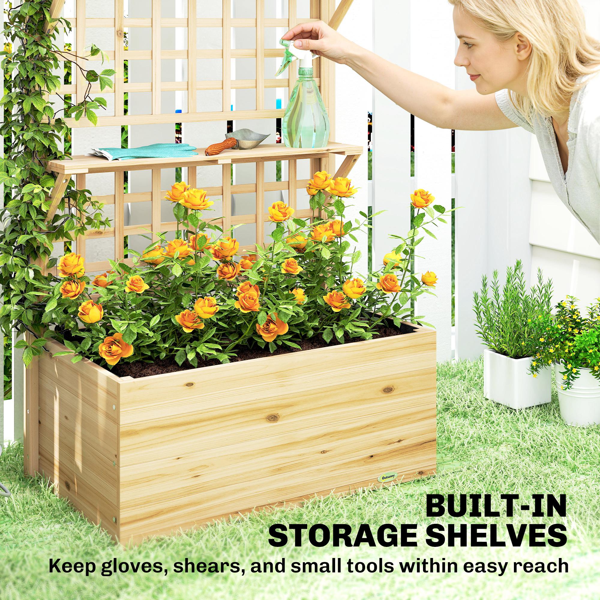  Wooden Raised Garden Bed with Trellis and Roof, Elevated Planter Box with 2 Shelves, Drainage Hole and Liner, Natural