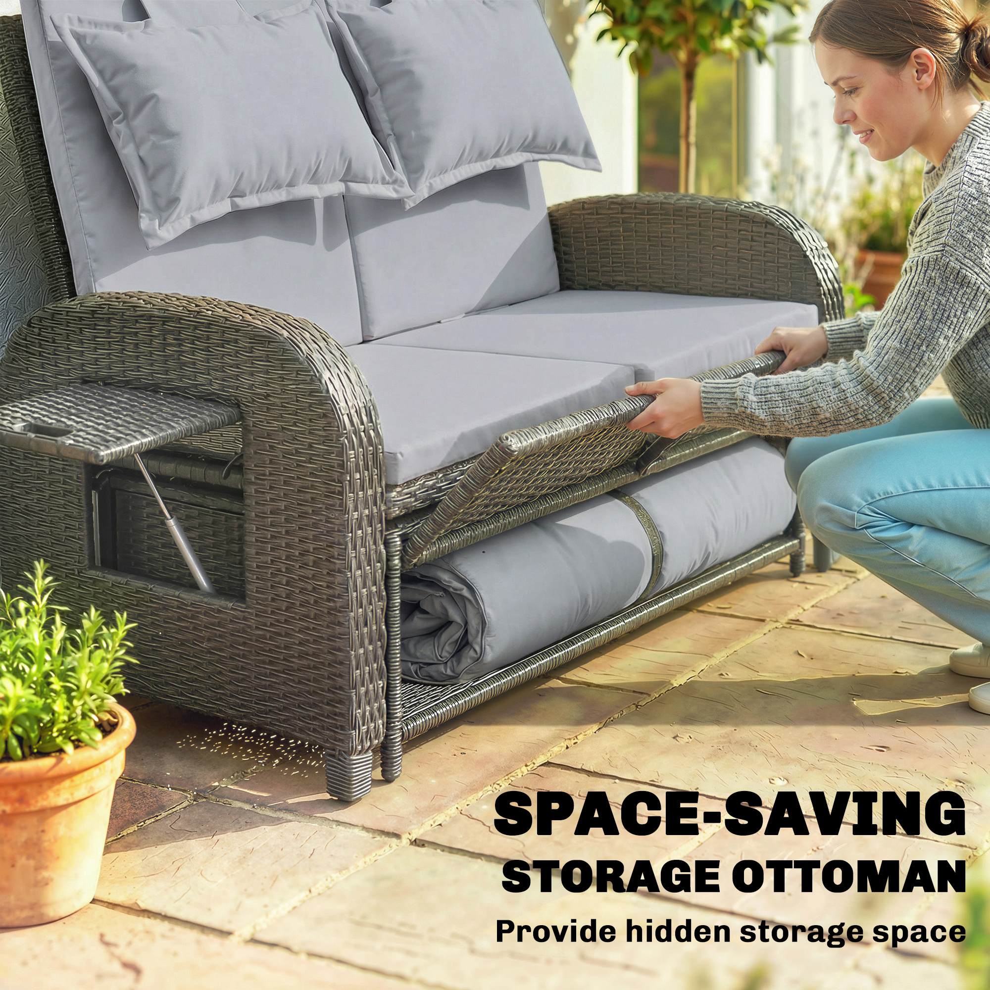  Patio Rattan Daybed, Wicker Outdoor Daybed with Storage Ottoman, Loveseat w/ Adjustable Backrest, Side Tables, Gray