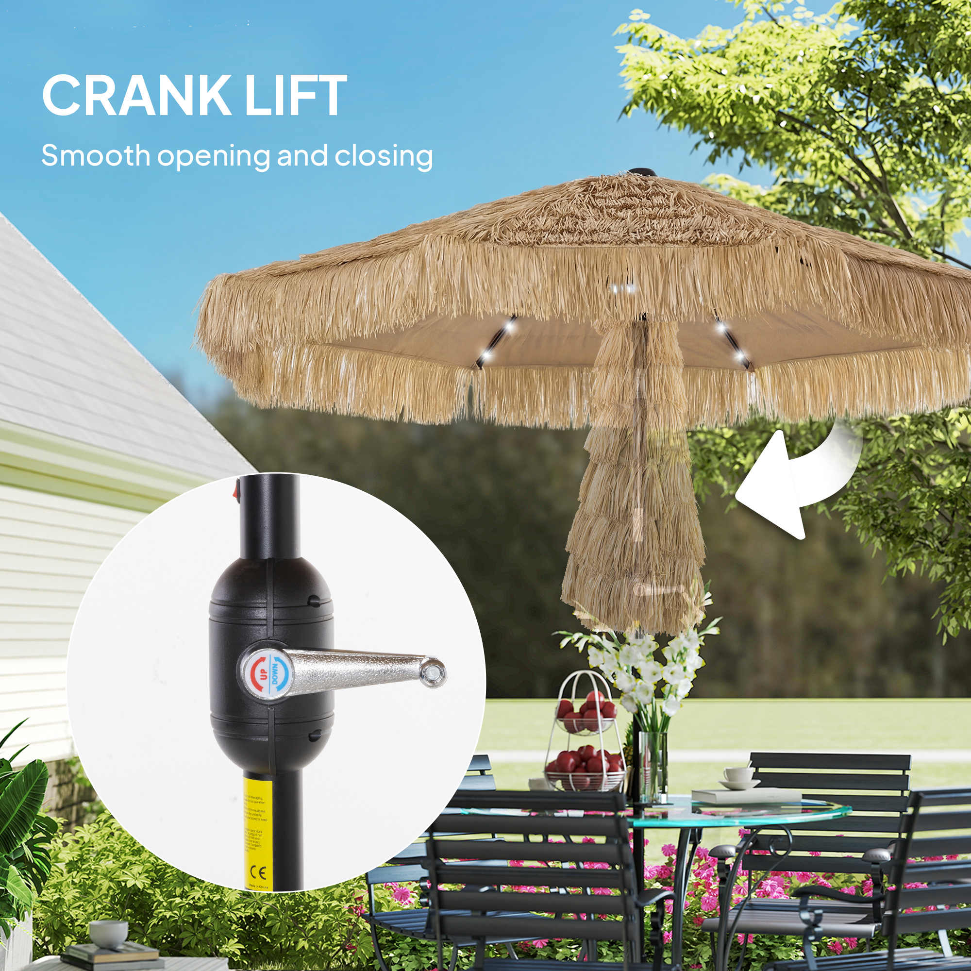  9 ft Hula Thatched Tiki Patio Umbrella with LED Solar Light, Outdoor Umbrella with Crank, Tilt, UPF30+, Khaki