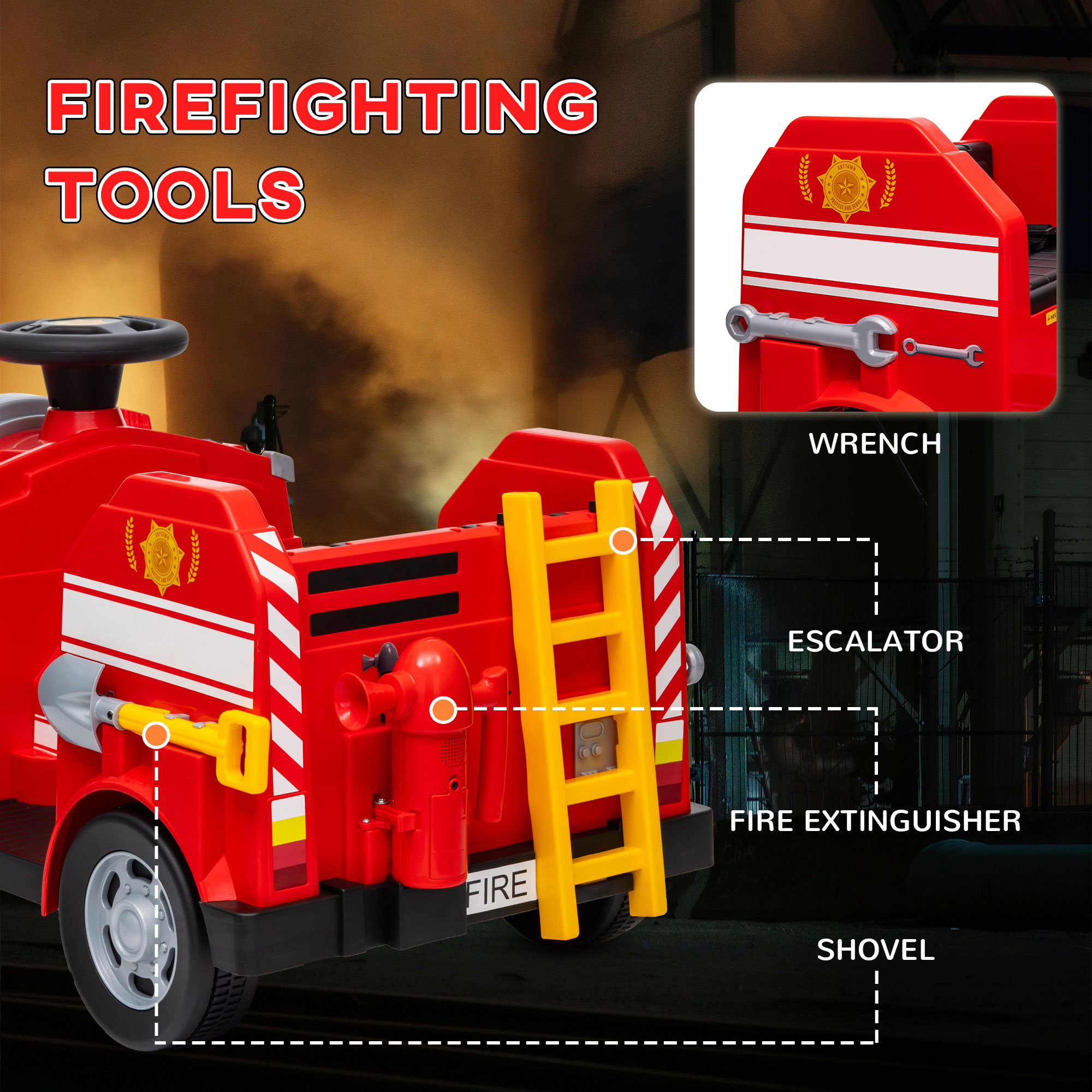 12V Ride on Fire Truck with Siren, Flashing Lights Fire Extinguisher, Soft Start, Horn Music, Red