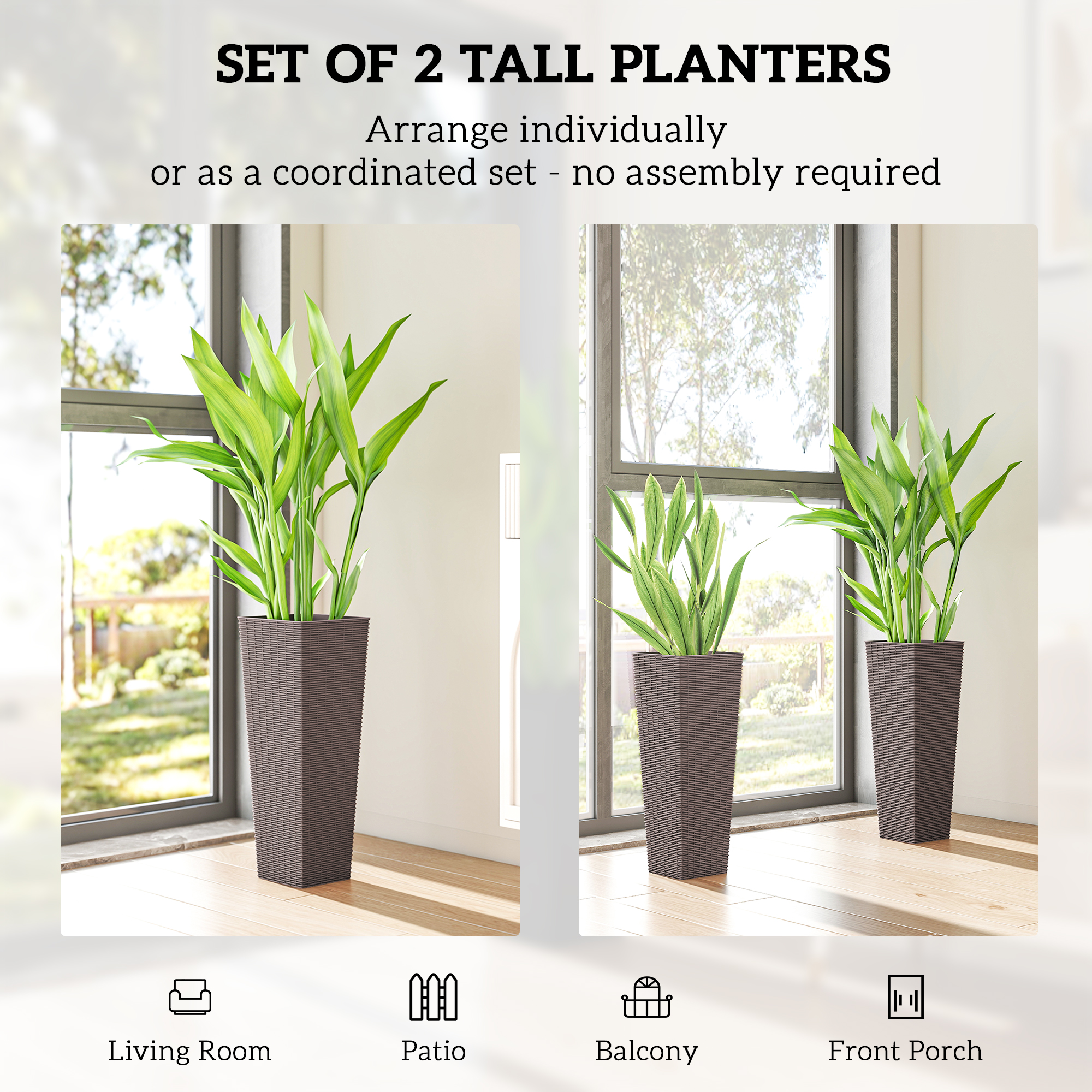  23.6 Inch Tall Planters for Outdoor Plants, Set of 2 Plastic Flower Pots with Drainage Holes, Brown