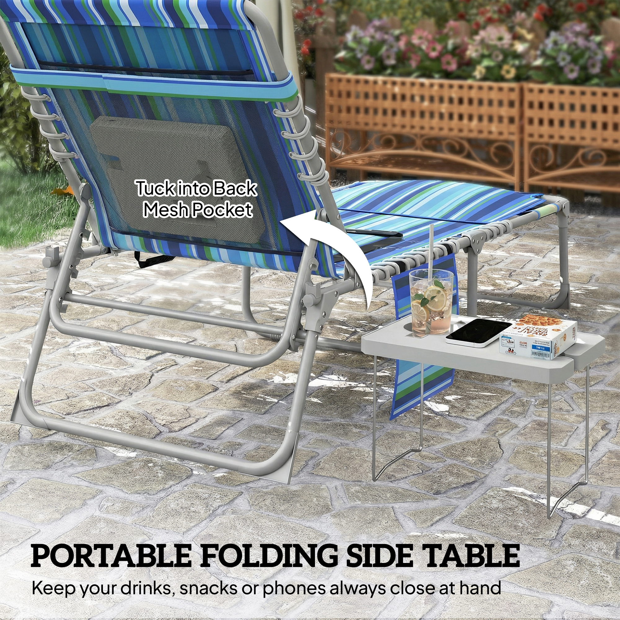  Tanning Chair with Face Hole and Side Table, 5-Position Folding Outdoor Chaise Lounge Chair, Blue Stripe