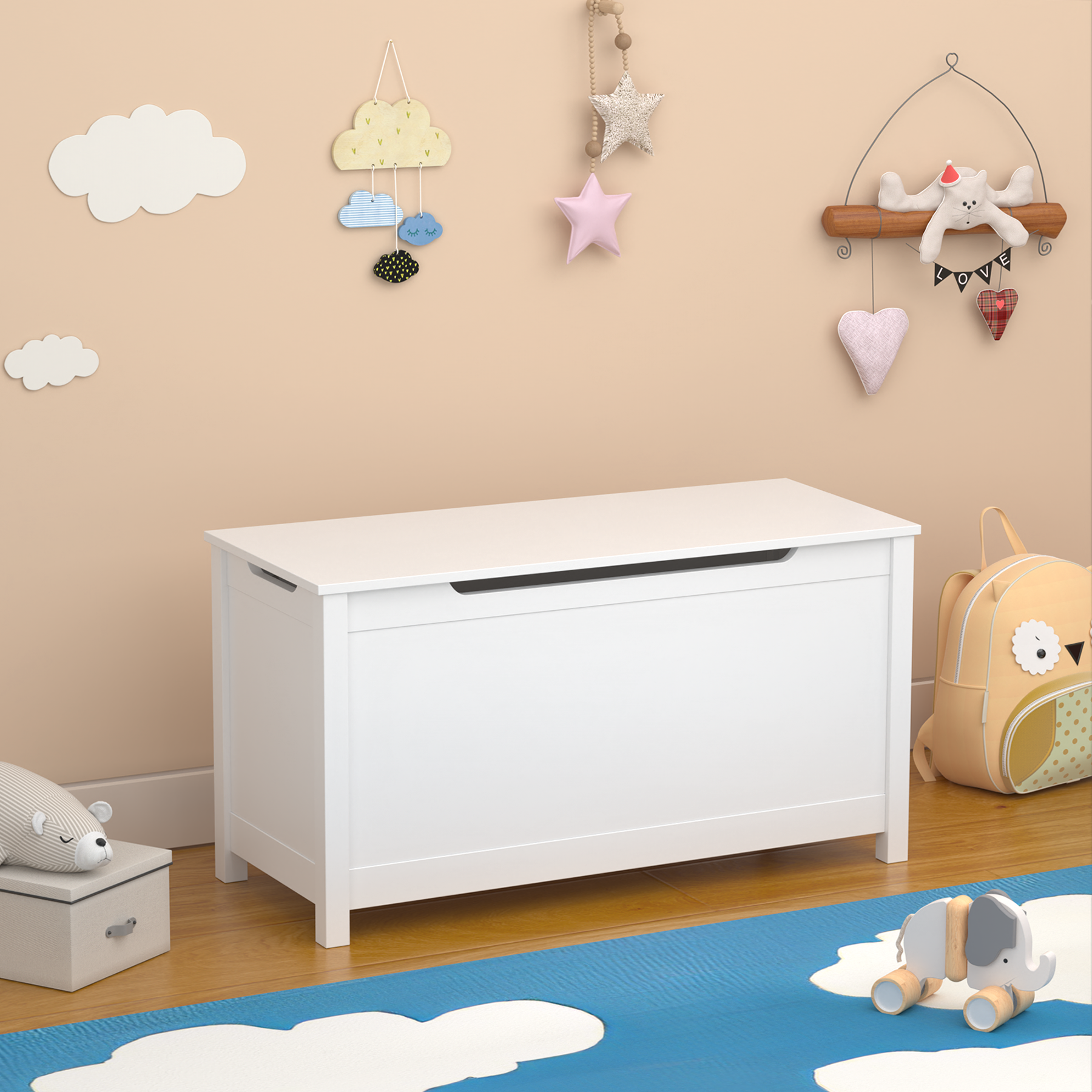 Kids Wooden Toy Box Storage With Safety Hinged Lid For Ages 2 White - Image 1