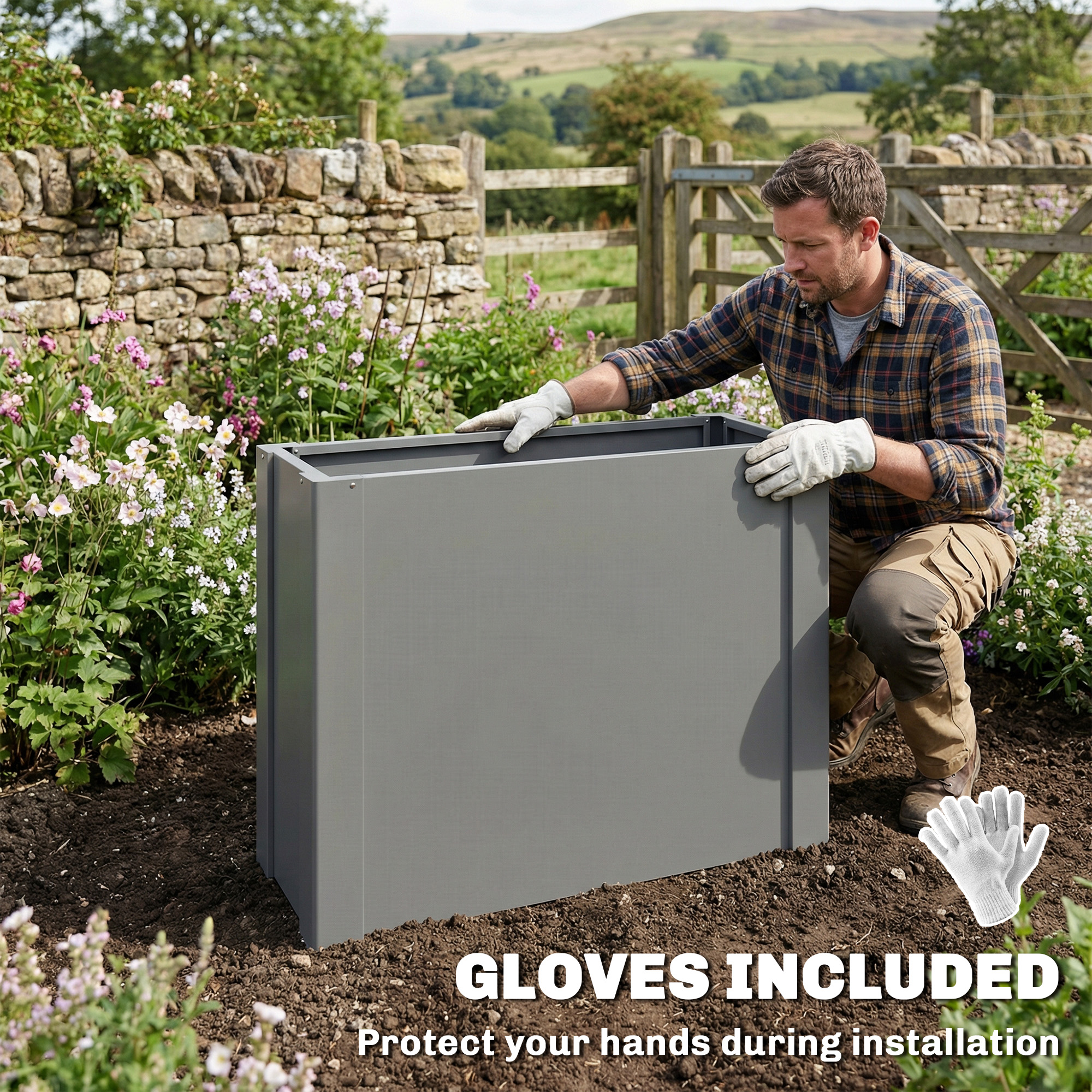  Raised Garden Bed Galvanized Planter Box Outdoor with Gloves for Gardening Vegetables, Flower, Herb, 2.6 x 1 x 2 ft, Gray