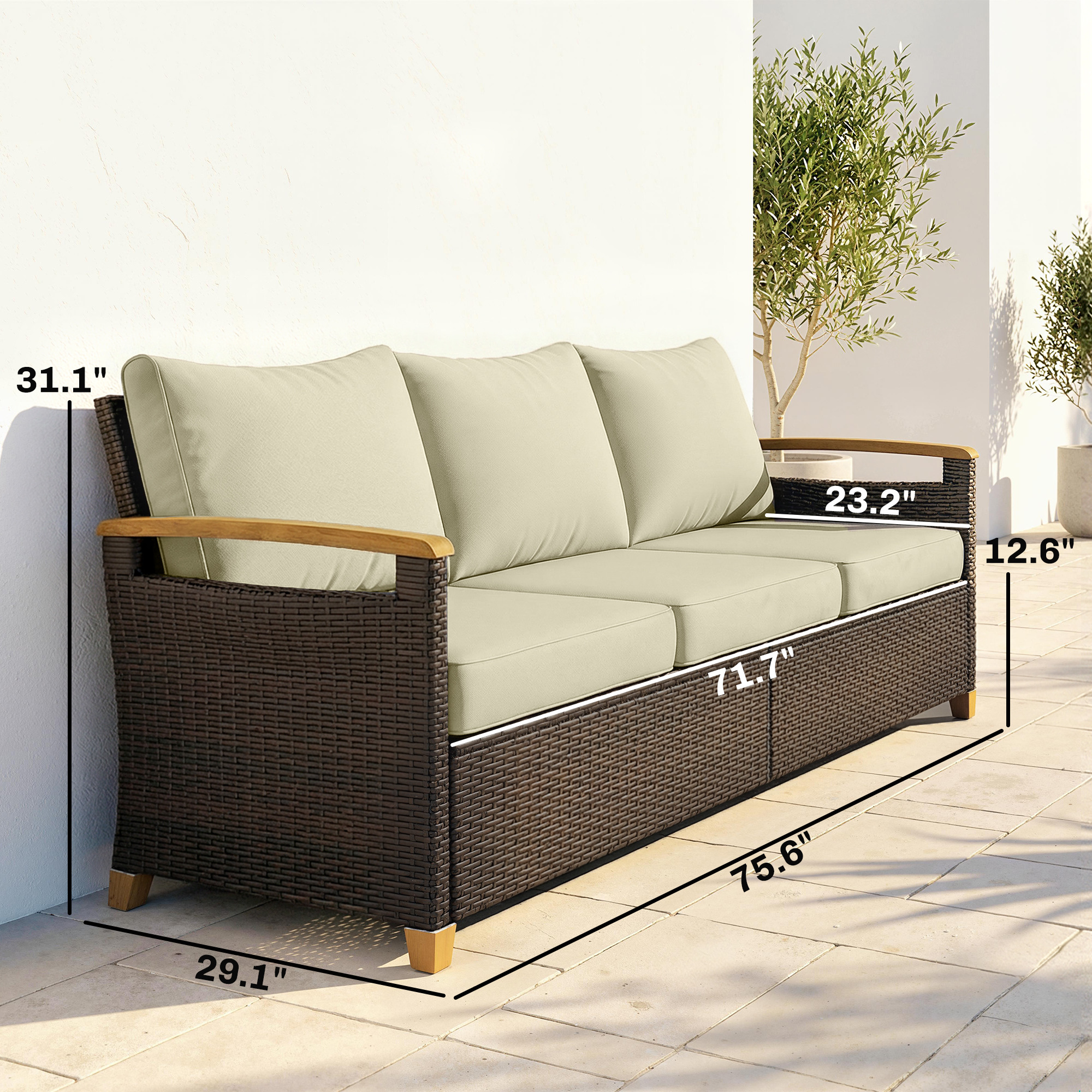  3 Seater Outdoor Couch Sofa, PE Wicker Patio Sofa, Wide Deep Seat, 4" Cushions, Wood-Effect Armrests Legs, Beige