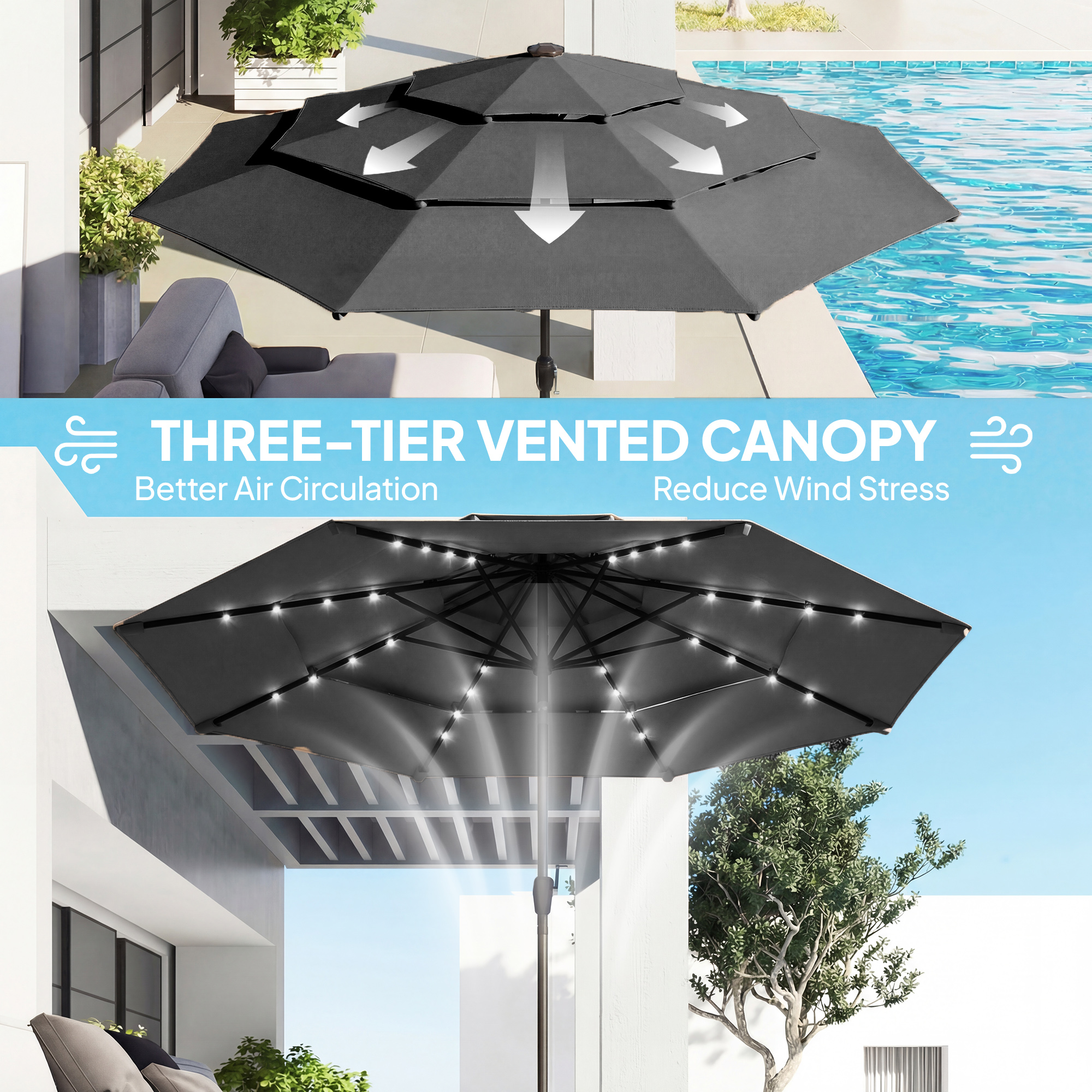  9.7 ft Outdoor Patio Umbrella with Solar LED Lights, 3 Tier Outdoor Table Umbrella with Tilt, Crank, Black