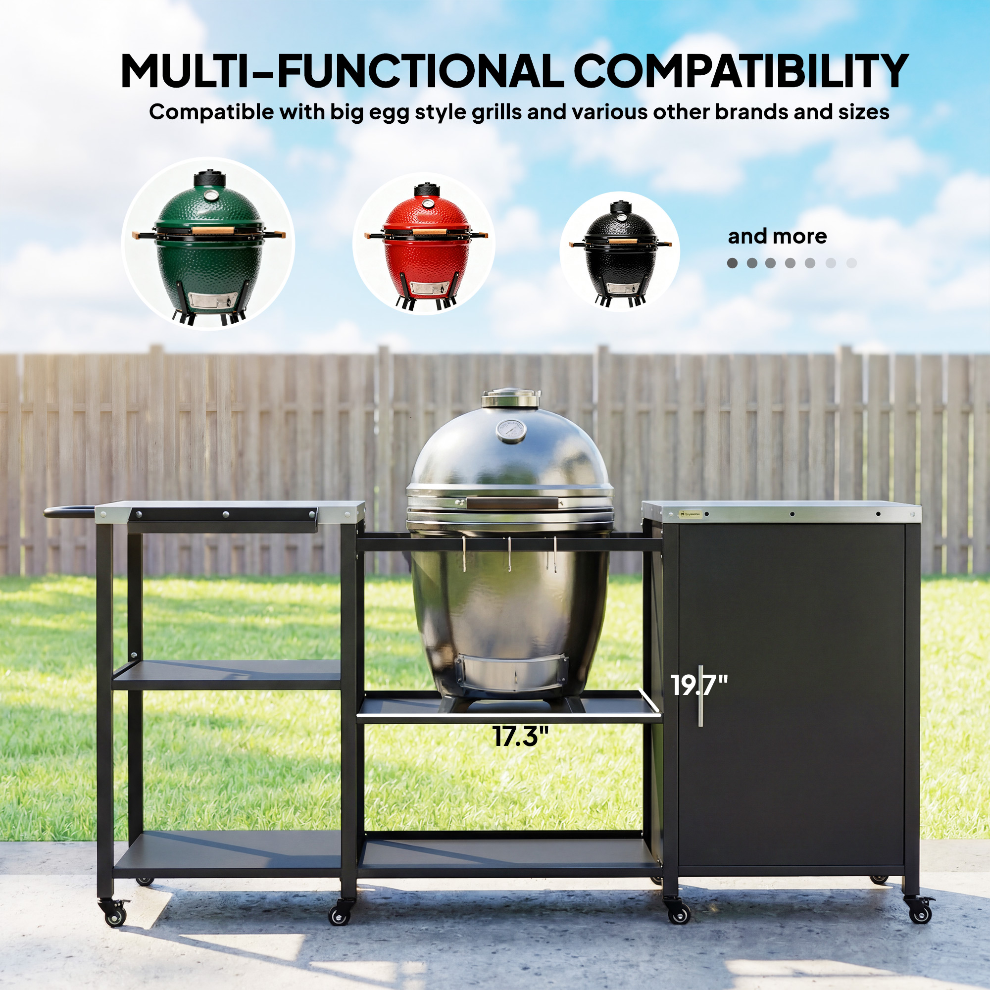  Grill Table for Big Green Egg Grill, Heavy Duty Metal BBQ Prep Table with Stainless Steel Top and Storage Cabinet, Black
