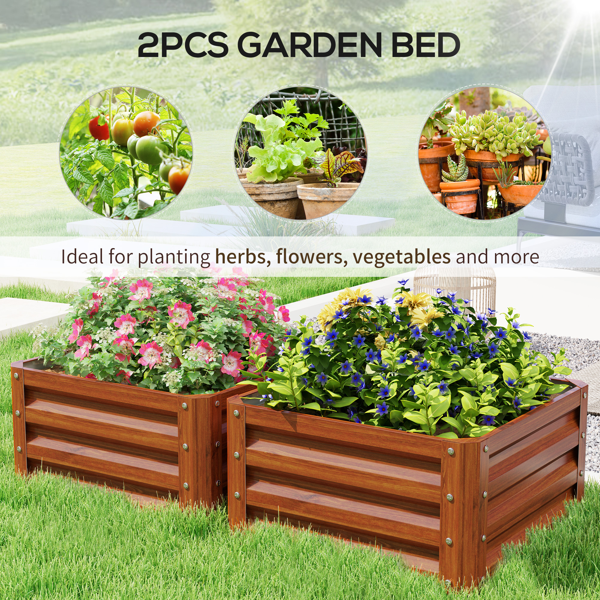  2 Piece Galvanized Raised Garden Bed, 2' x 2' x 1' Metal Planter Box for Growing Vegetables, Flowers, Herbs, Succulents, Brown