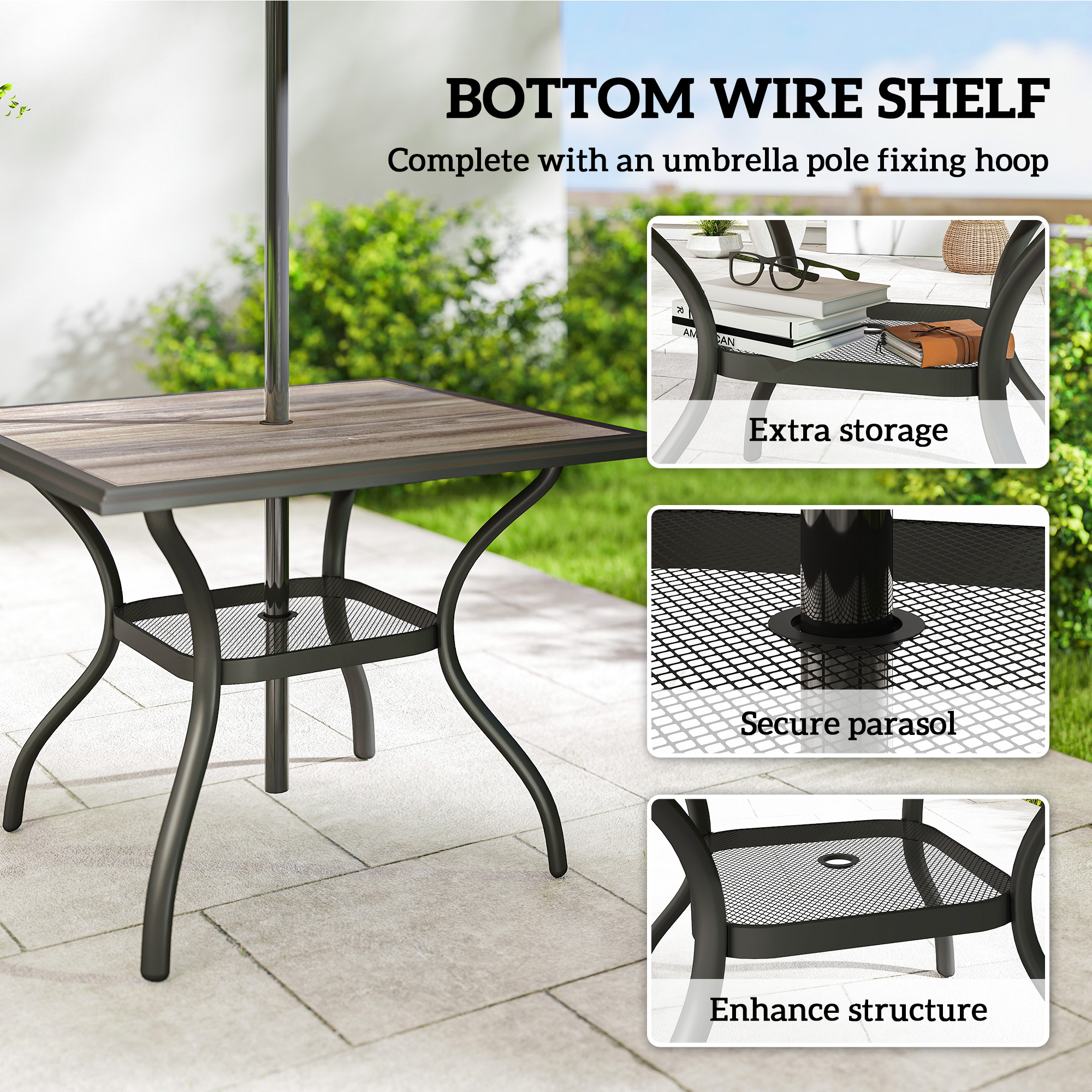  37" Square Outdoor Dining Table for 4, Patio Table with Umbrella Hole, Shelf, Faux Wood Top for Garden, Backyard, Gray