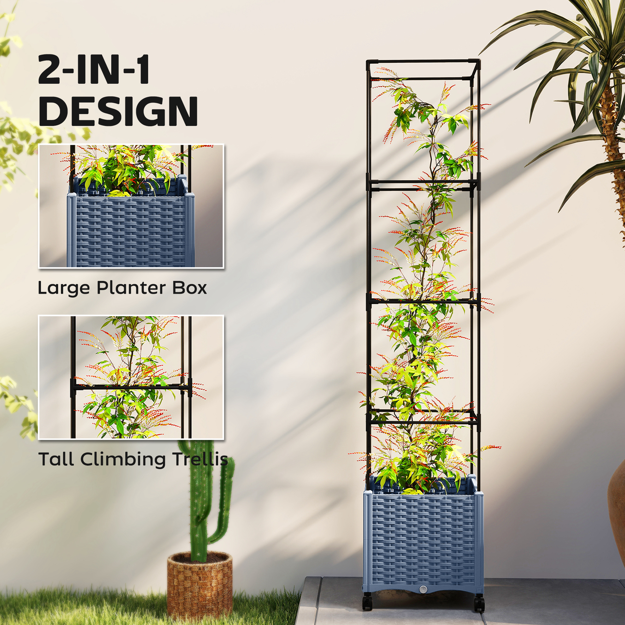  Raised Garden Bed with Trellis, Tomato Cage with Lockable Wheels, Self Watering Planter Box with Drainage Holes, Gray