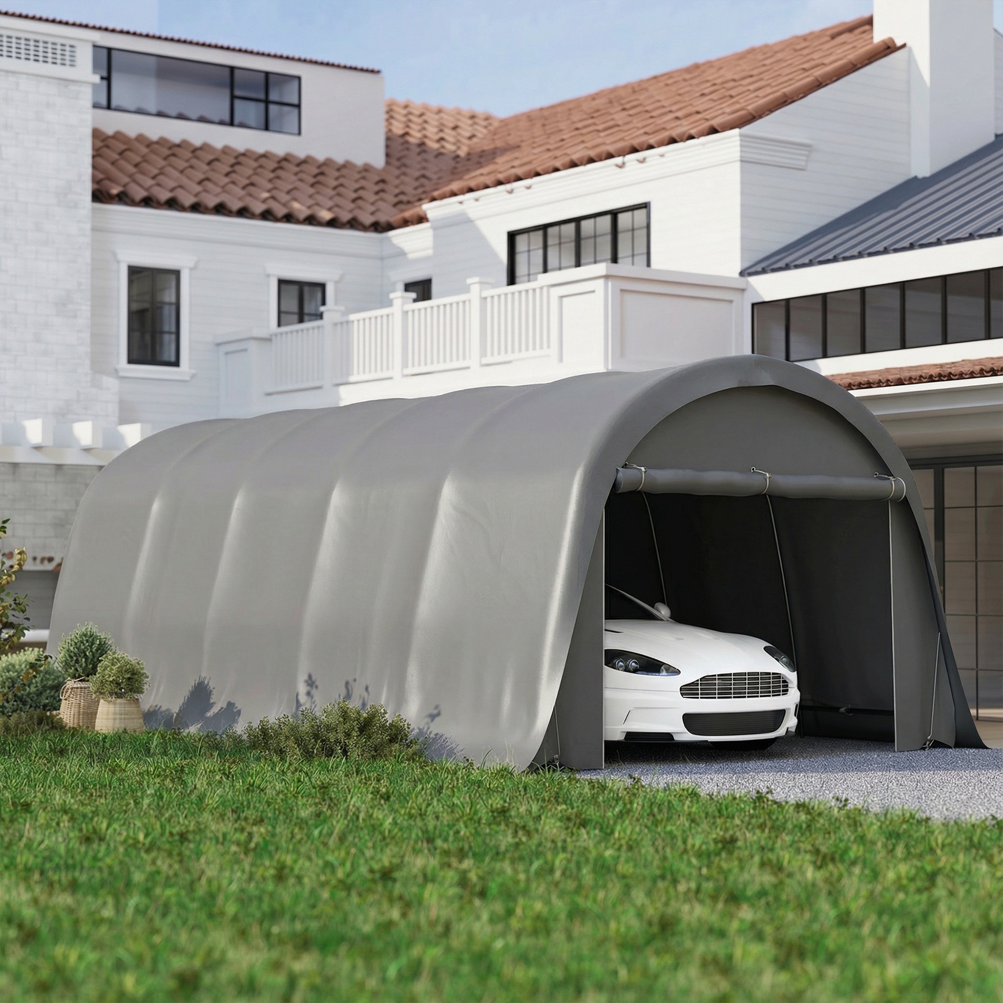  12' x 23.6' Heavy Duty Carport, UPF50+ Portable Garage Car Canopy Tent with Galvanized Frame, Large Door, Dark Gray