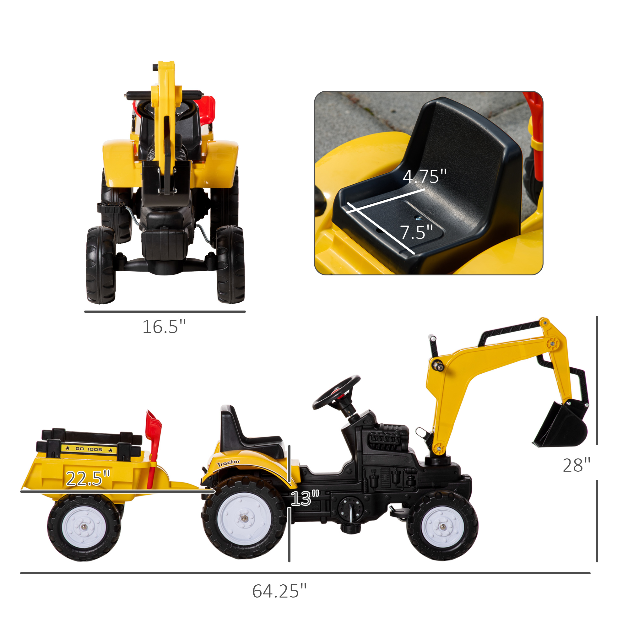 Digger Ride-on Truck Kids Car with Horn, Excavator Ride-on Toy, Imaginative Toy Construction Car, 6 Wheels & Detachable Trailer, Yellow — foto 3