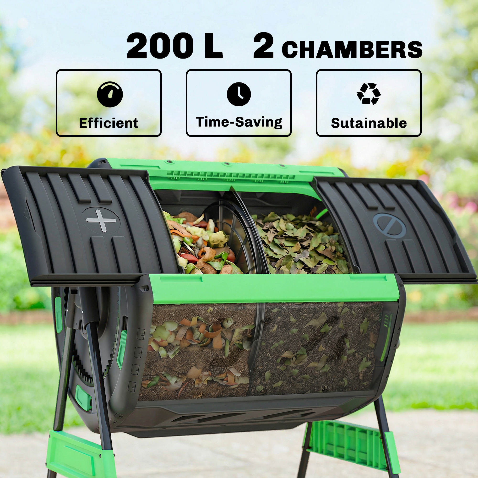  Compost Bin Outdoor, 53 Gal Dual Chamber Tumbling Composter with Adjustable Vents, BPA Free Tumbling Composter, Green
