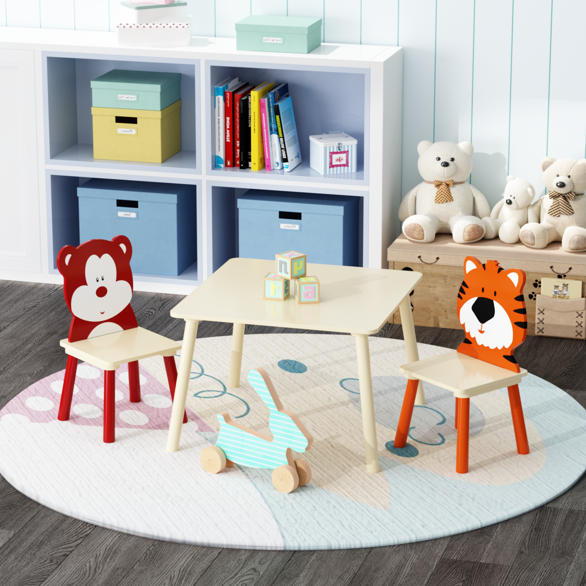 Kids Table And 2 Chairs Set, 3 Pieces Toddler Table And Chair Set, Wooden Activity Play Table Set Bear&Tiger
