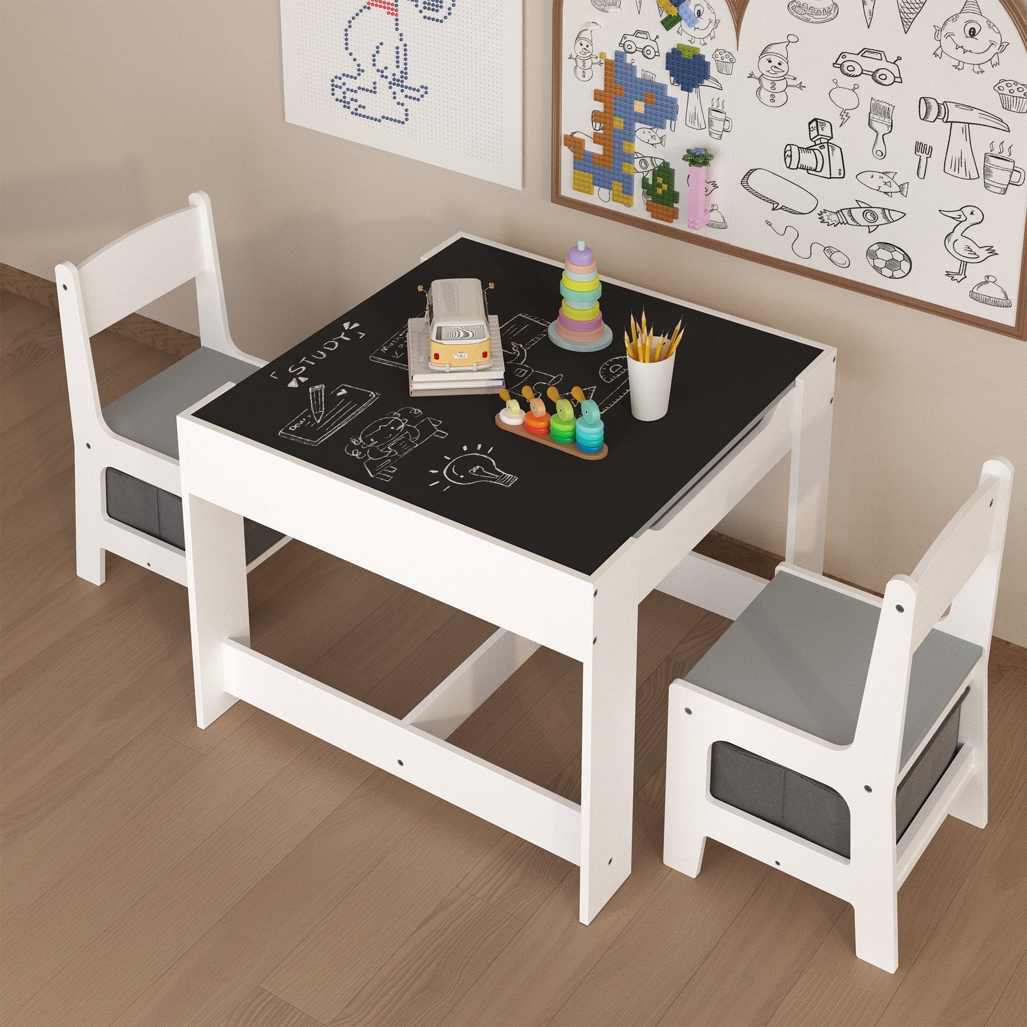 Kids Table And Chair Set, 3 In 1 Wooden Activity Table With Storage Drawer For Toddlers Drawing, Reading, Crafts, 2 In 1 Detachable Tabletop Table Set For Nursery, Playroom
