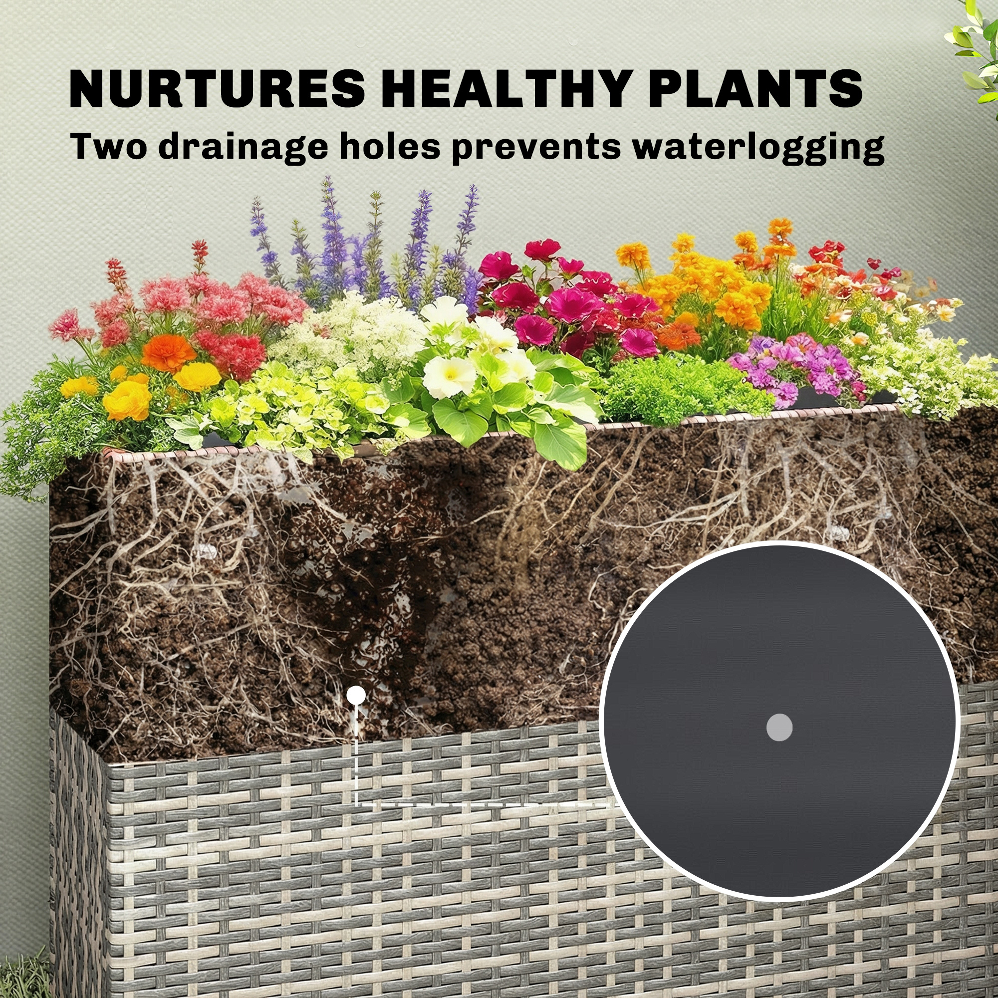  Tall Rectangular Planter with Removable Liner, Holes, PE Wicker Large Planter Box for Indoor Outdoor Plants, Gray