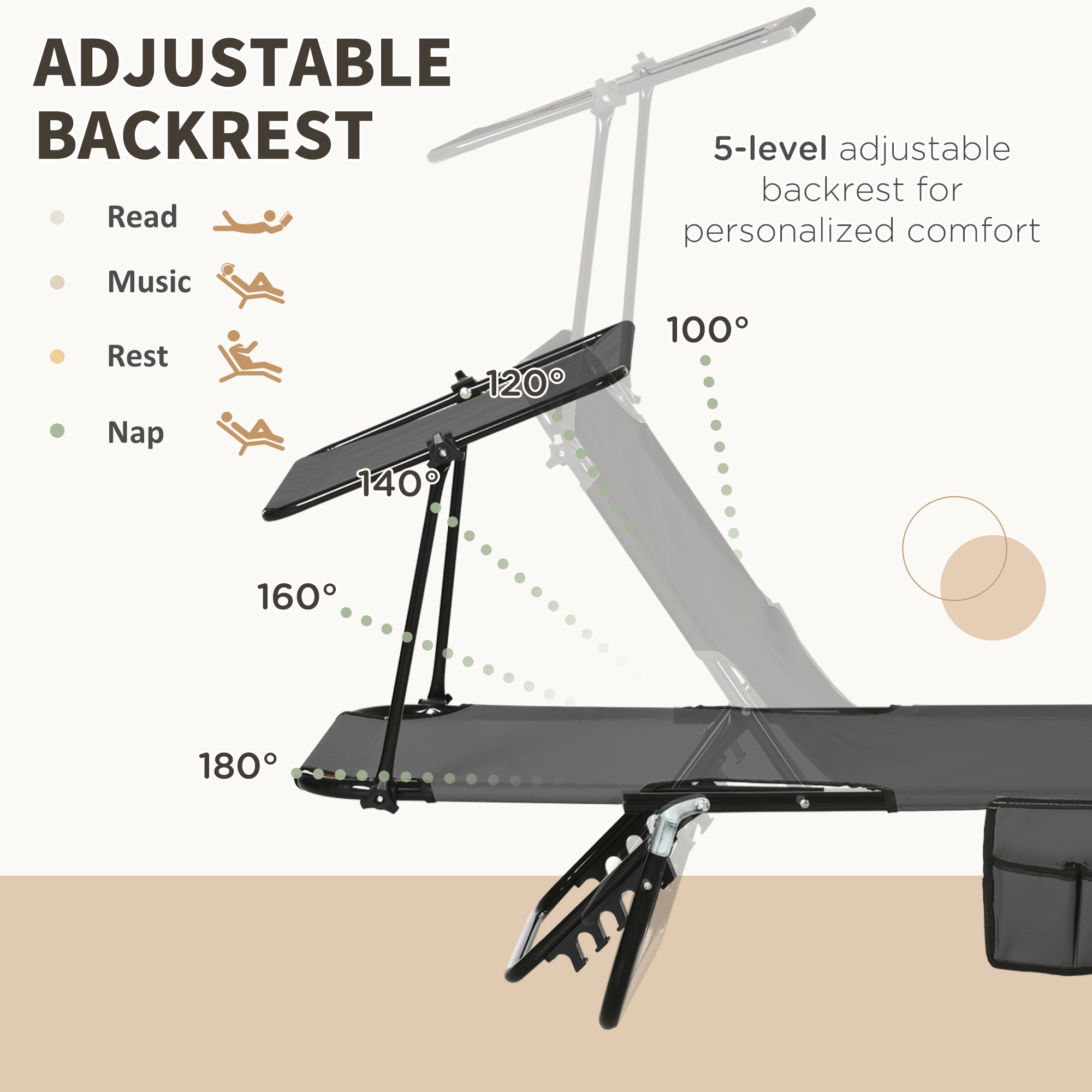  Pool Chaise Lounge Chairs Set of 2, Folding Lounge Chairs with Sunshade, Reclining Back, Steel Frame, Dark Gray